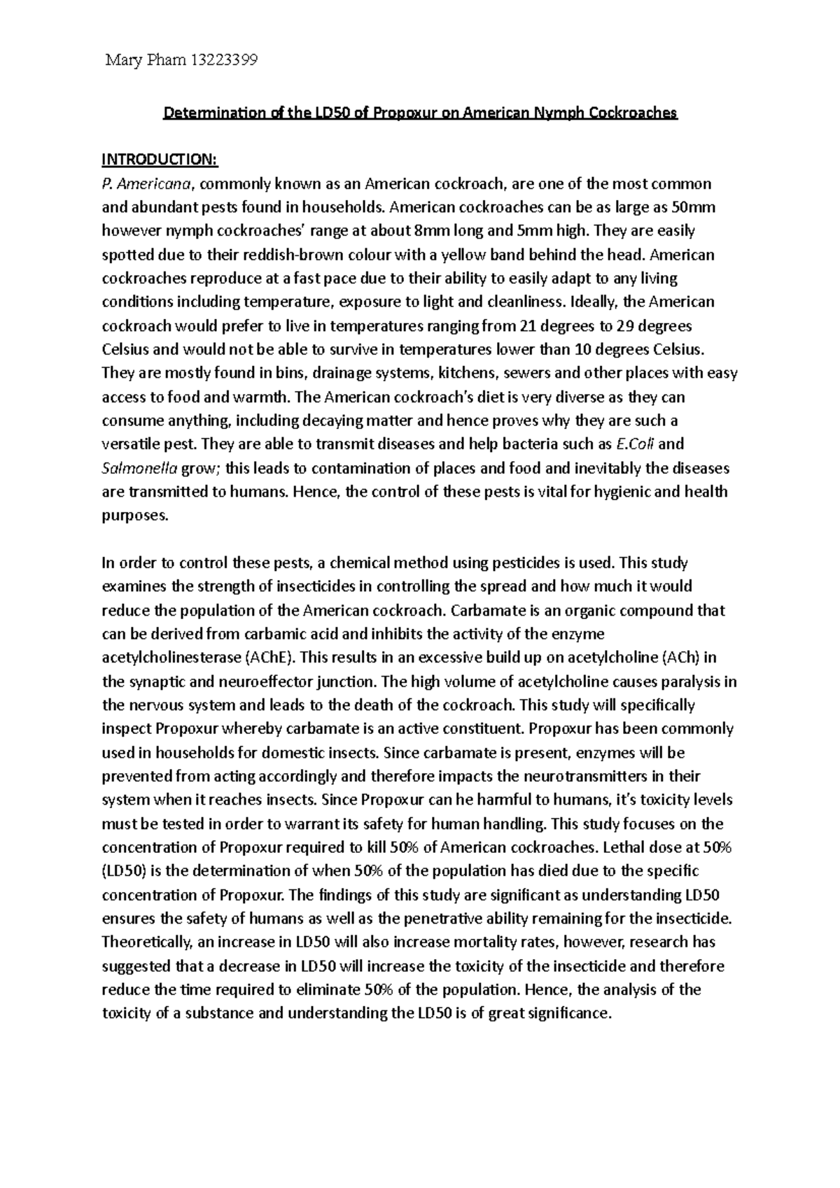 LD50 Report - LD50 assignment - Determination of the LD50 of Propoxur ...