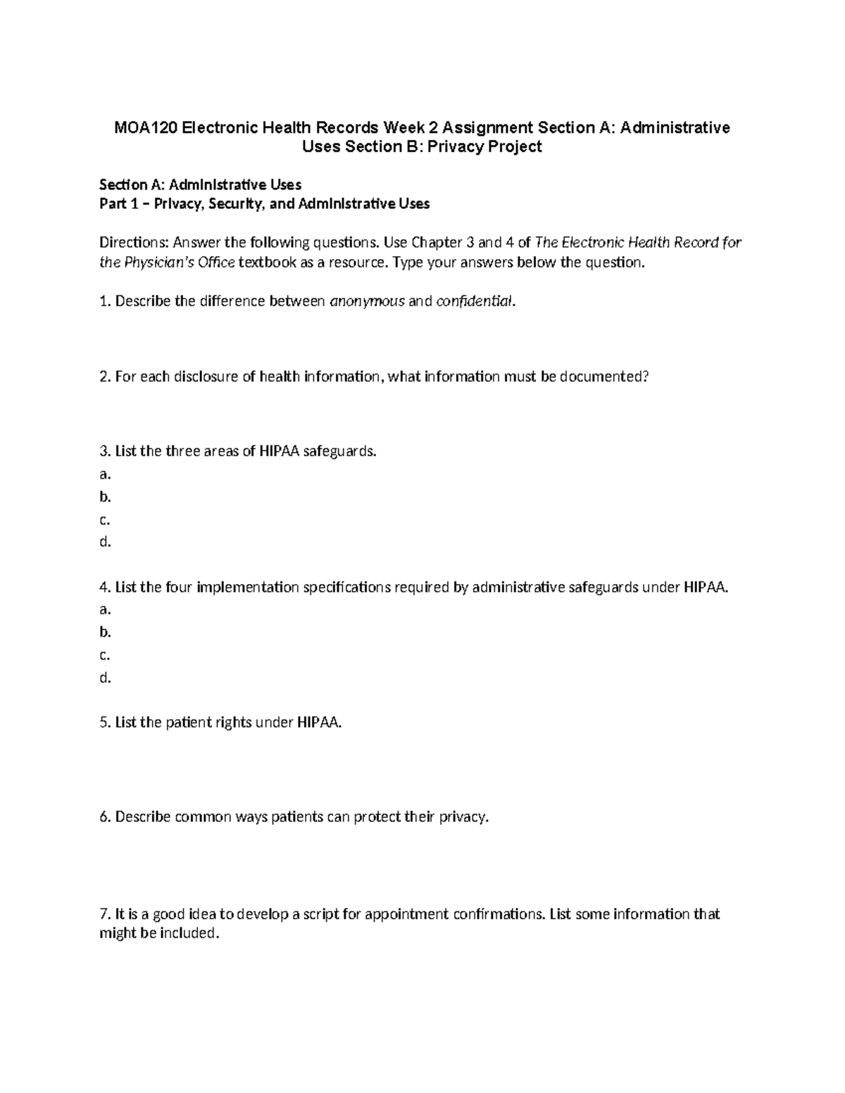 Week 2 Assignment Worksheet - MOA120 Electronic Health Records Week 2 ...