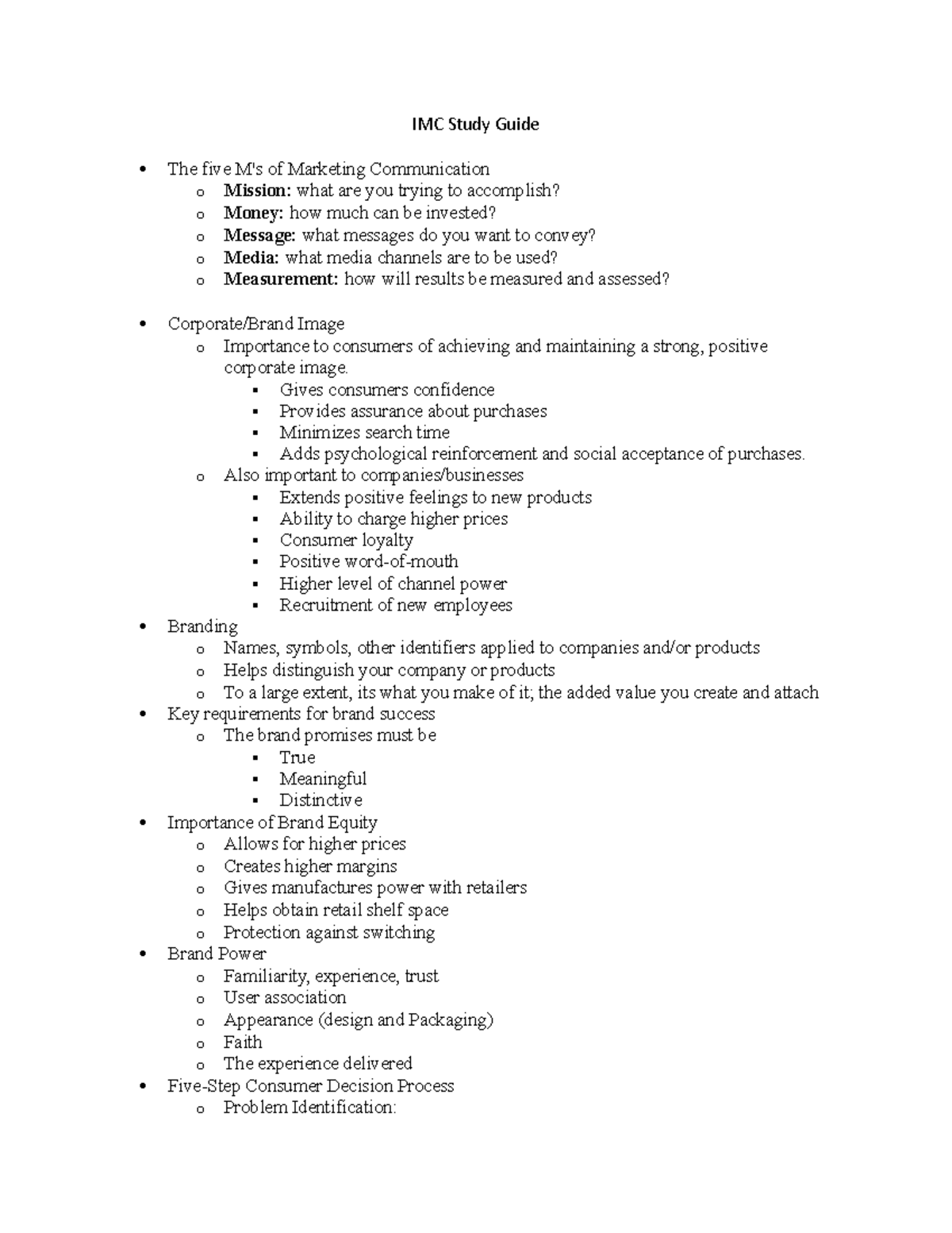 IMC Study Guide - Professor Bob Slalnik - IMC Study Guide The five M's ...