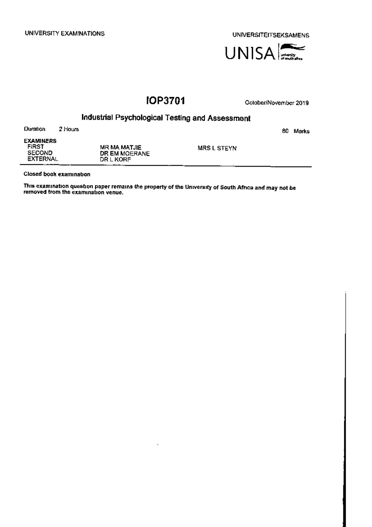EXAM IOP3701 OCT/NOV 2019 - IOP3701 - Unisa - Studocu
