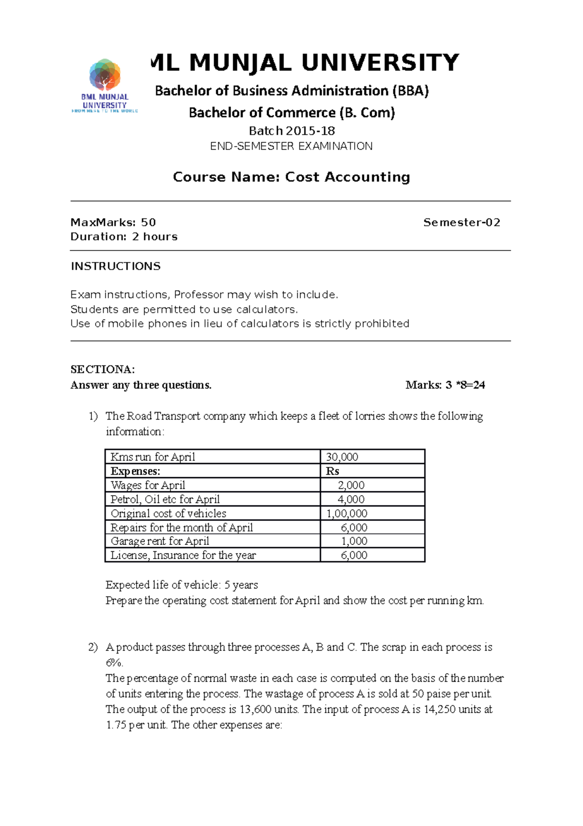 SAMPLE PAPER FOR EXAM - BML MUNJAL UNIVERSITY Bachelor of Business ...