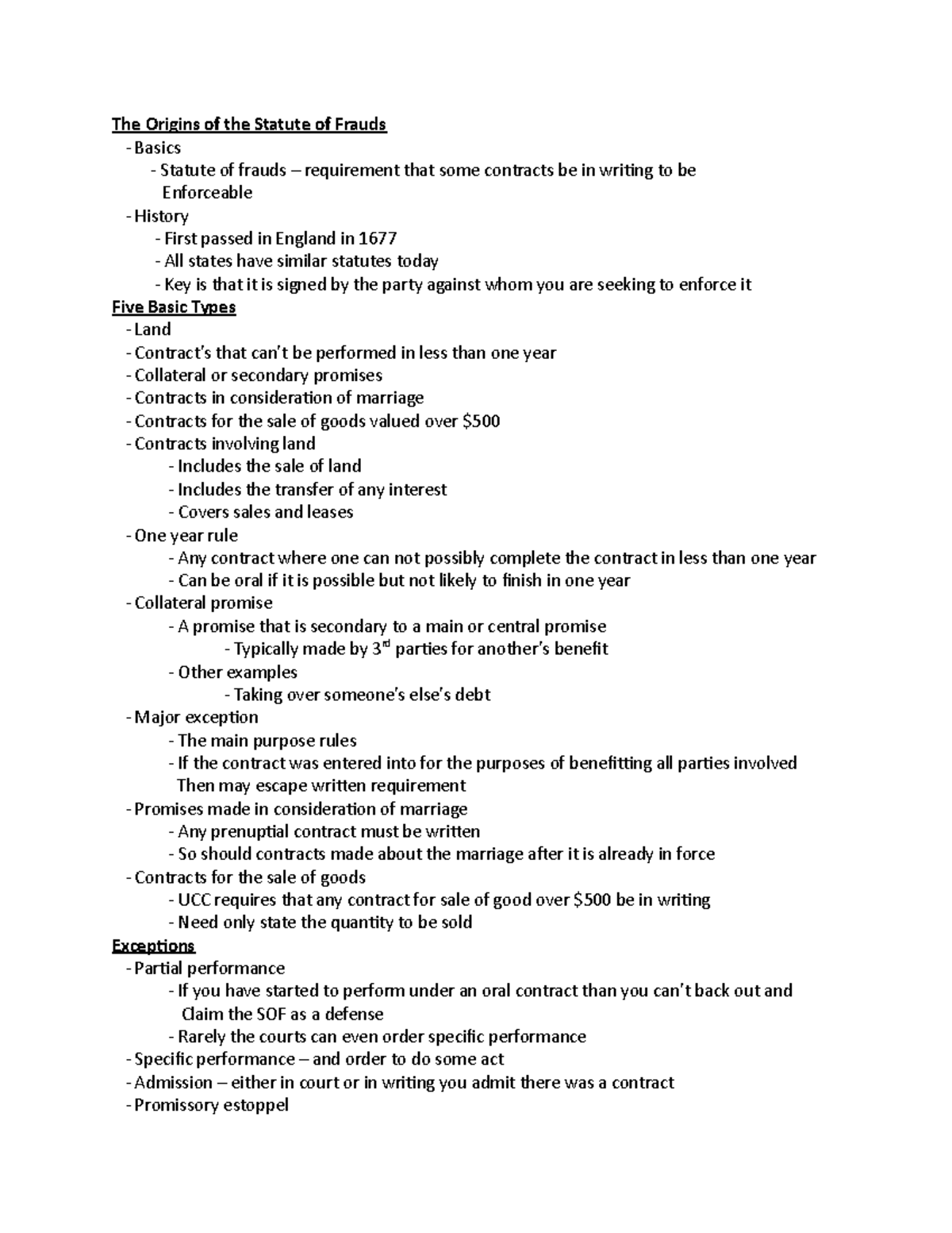 Business Law Chpt 16 Lecture notes The Origins of the Statute of