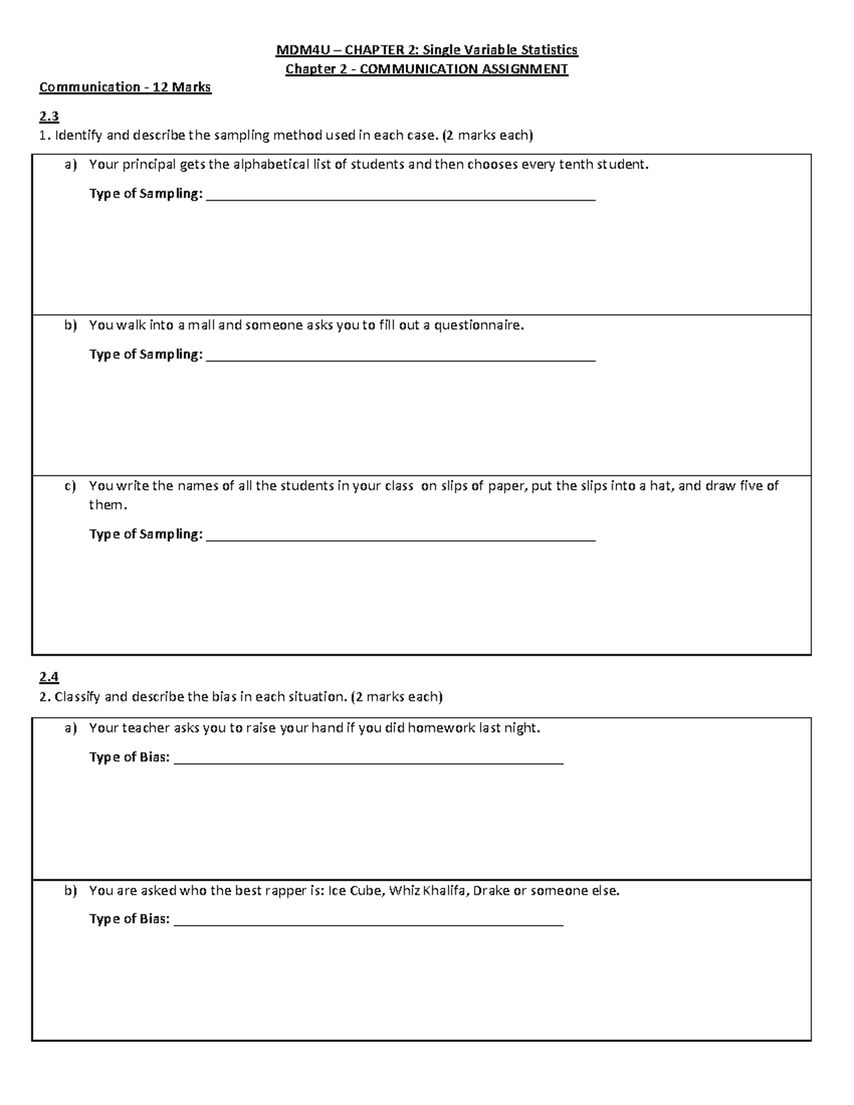 MDM4U1 - Communication Assignment (2.3 and 2 - MDM4U – CHAPTER 2 ...