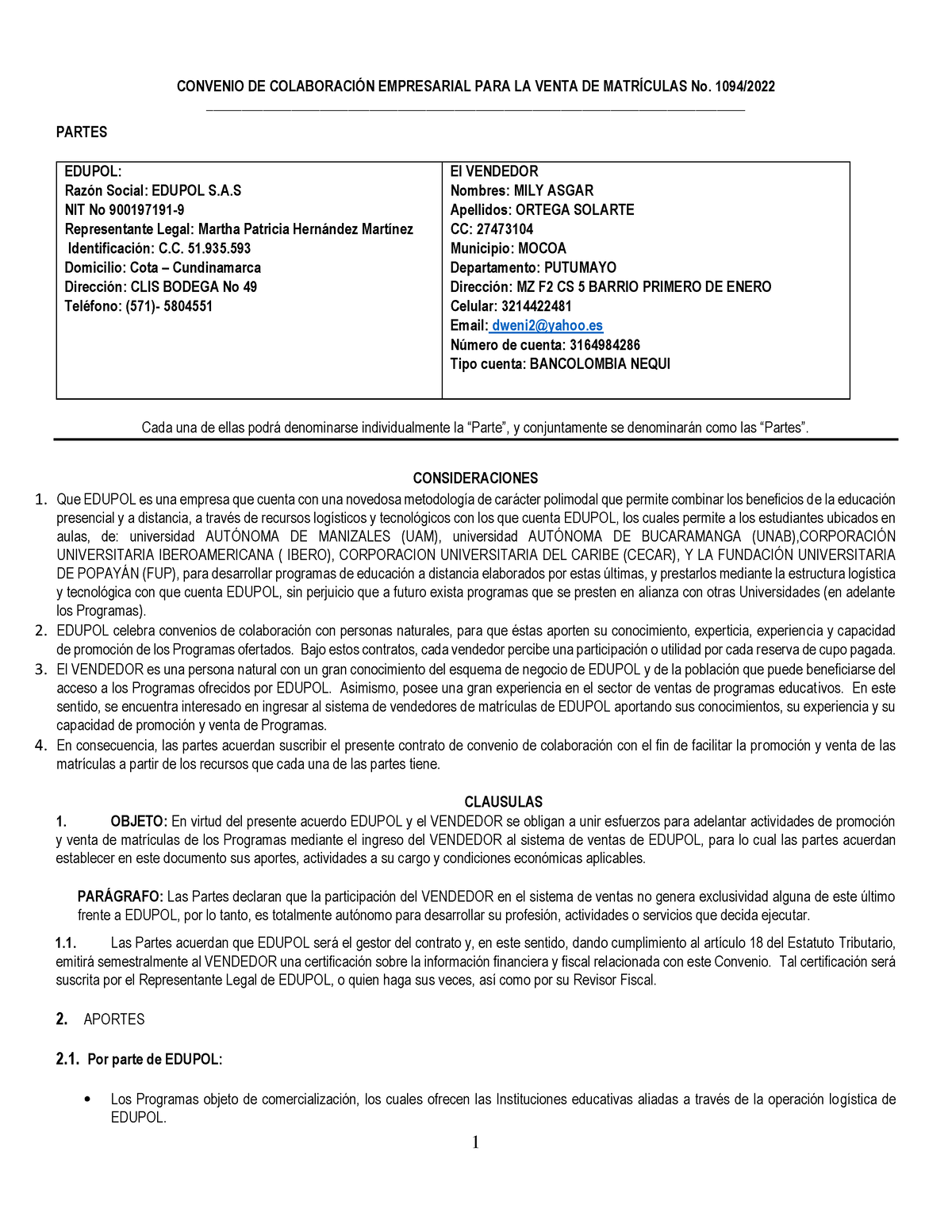 Formato Contrato Asesor Educativo MILY Ortega - CONVENIO DE COLABORACI ...