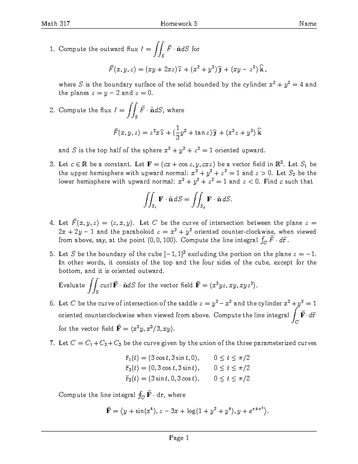 Hw5 - MATH-317_HW_5 - Math 317 Homework 5 Name Compute The Outward Flux ...