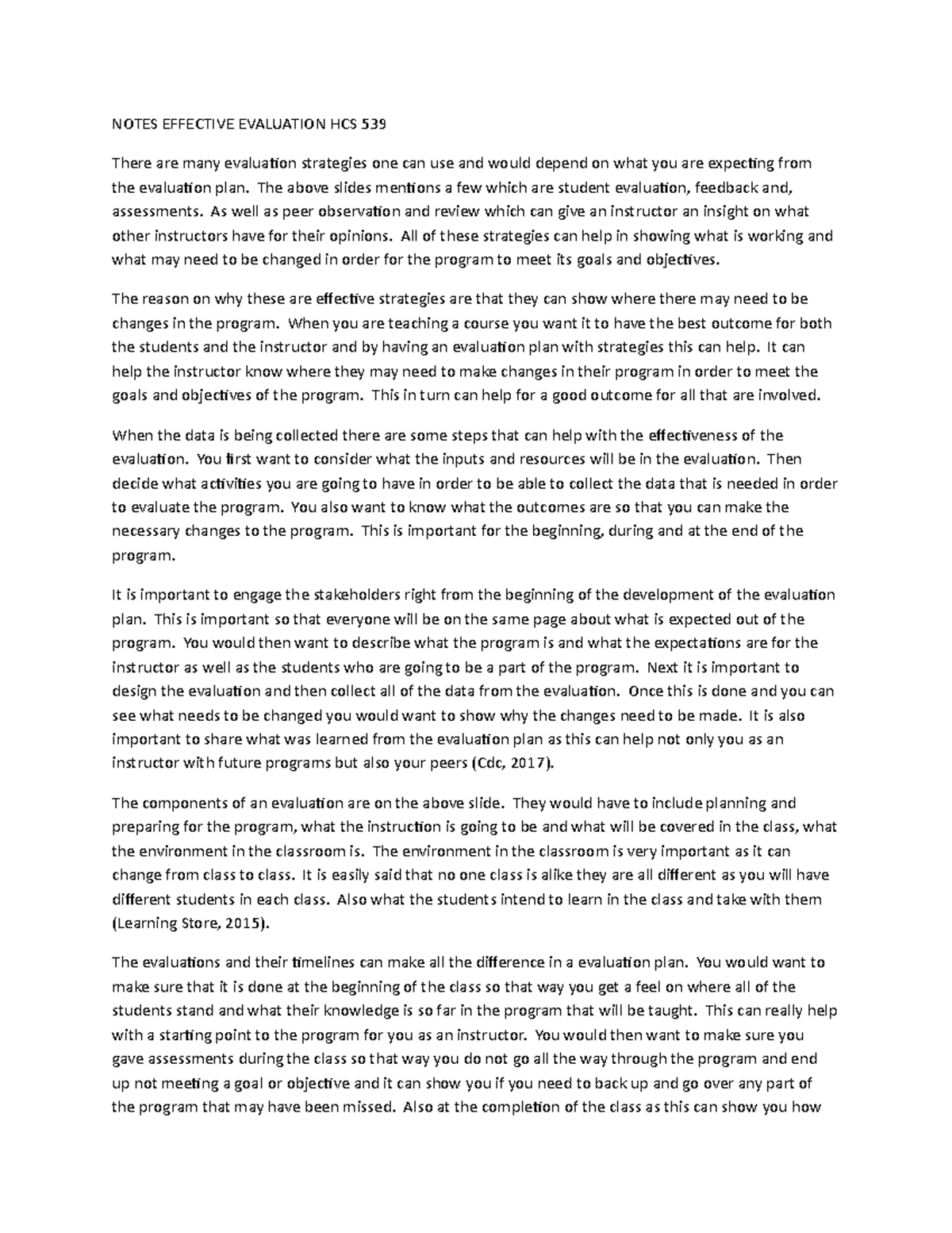 Notes Effective Evaluation HCS 539 - NOTES EFFECTIVE EVALUATION HCS 539 ...
