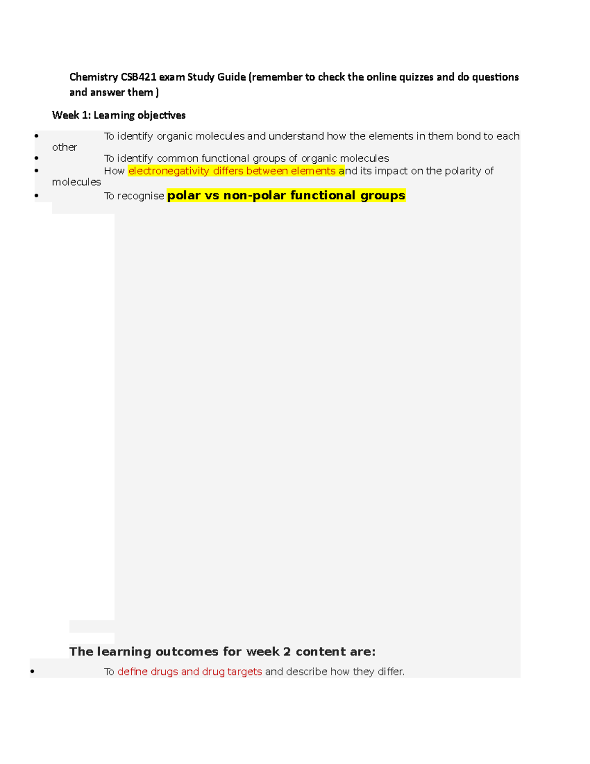 Chemistry CSB421 exam Study Guide (All the learning outcomes that I ...