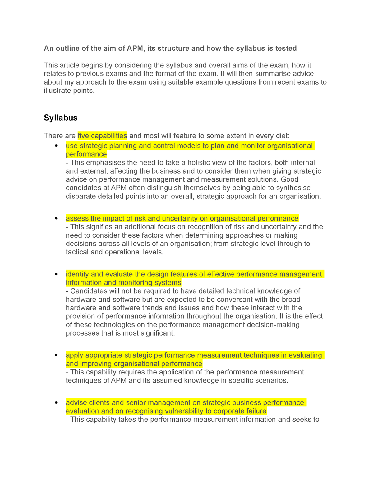 2. Advanced Performance Management examiner approach An outline