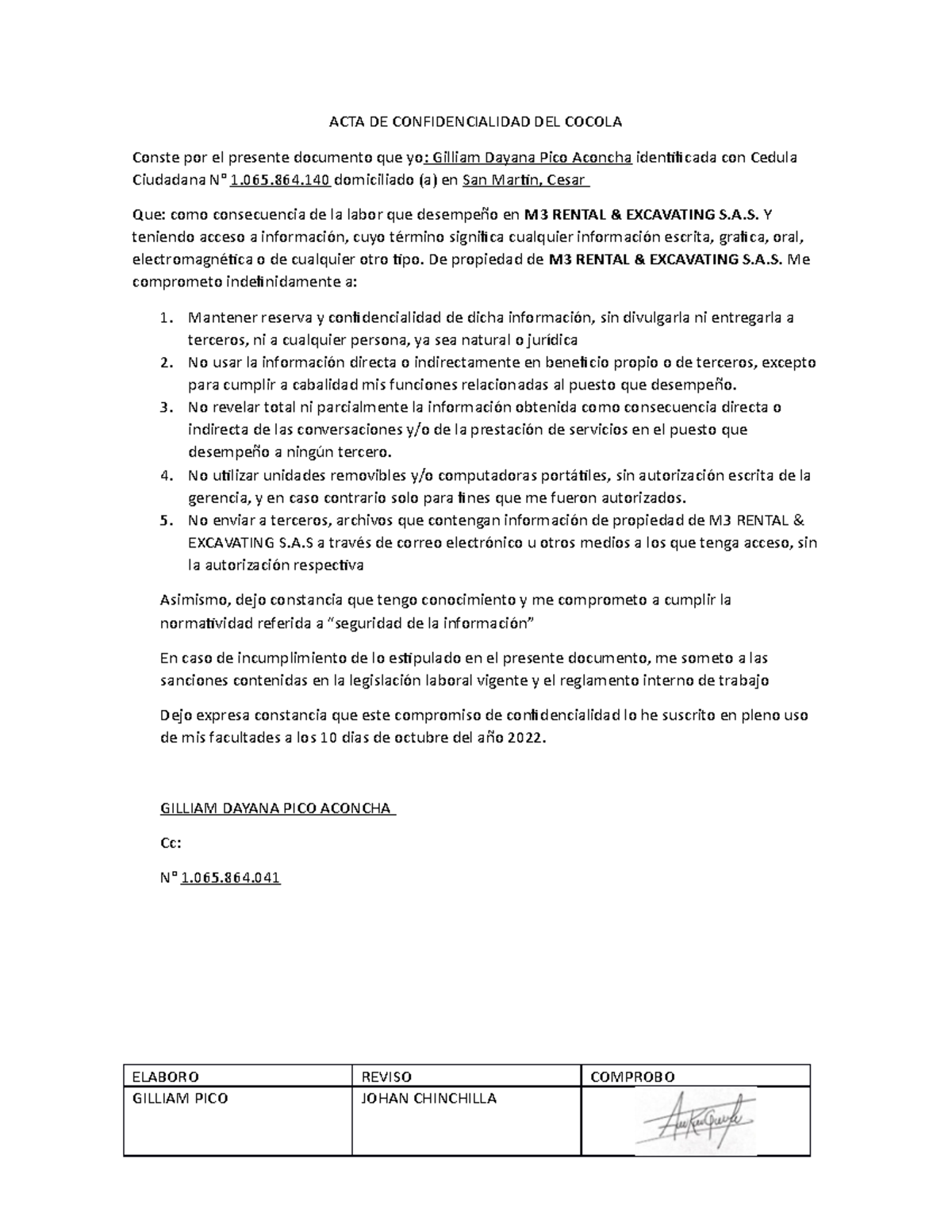 Acta De Confidencialidad Del Cocola - Acta De Confidencialidad Del 