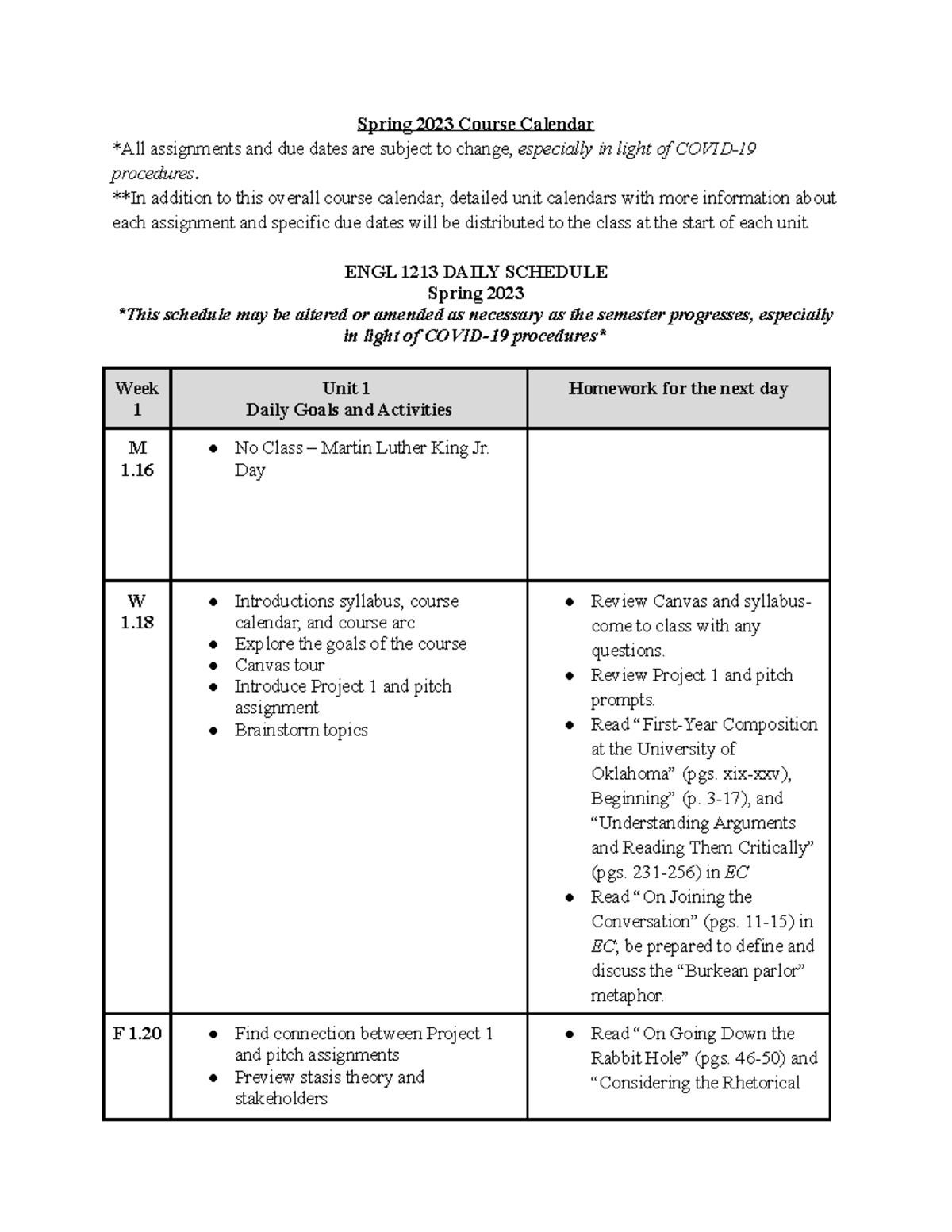 Spring 2023 Course Schedule Spring 2023 Course Calendar *All