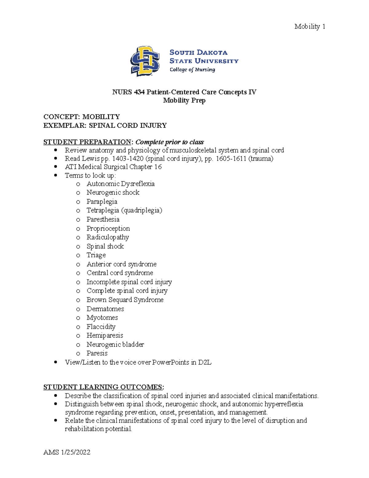 Mobility - NURS 434 Patient-Centered Care Concepts IV Mobility Prep ...