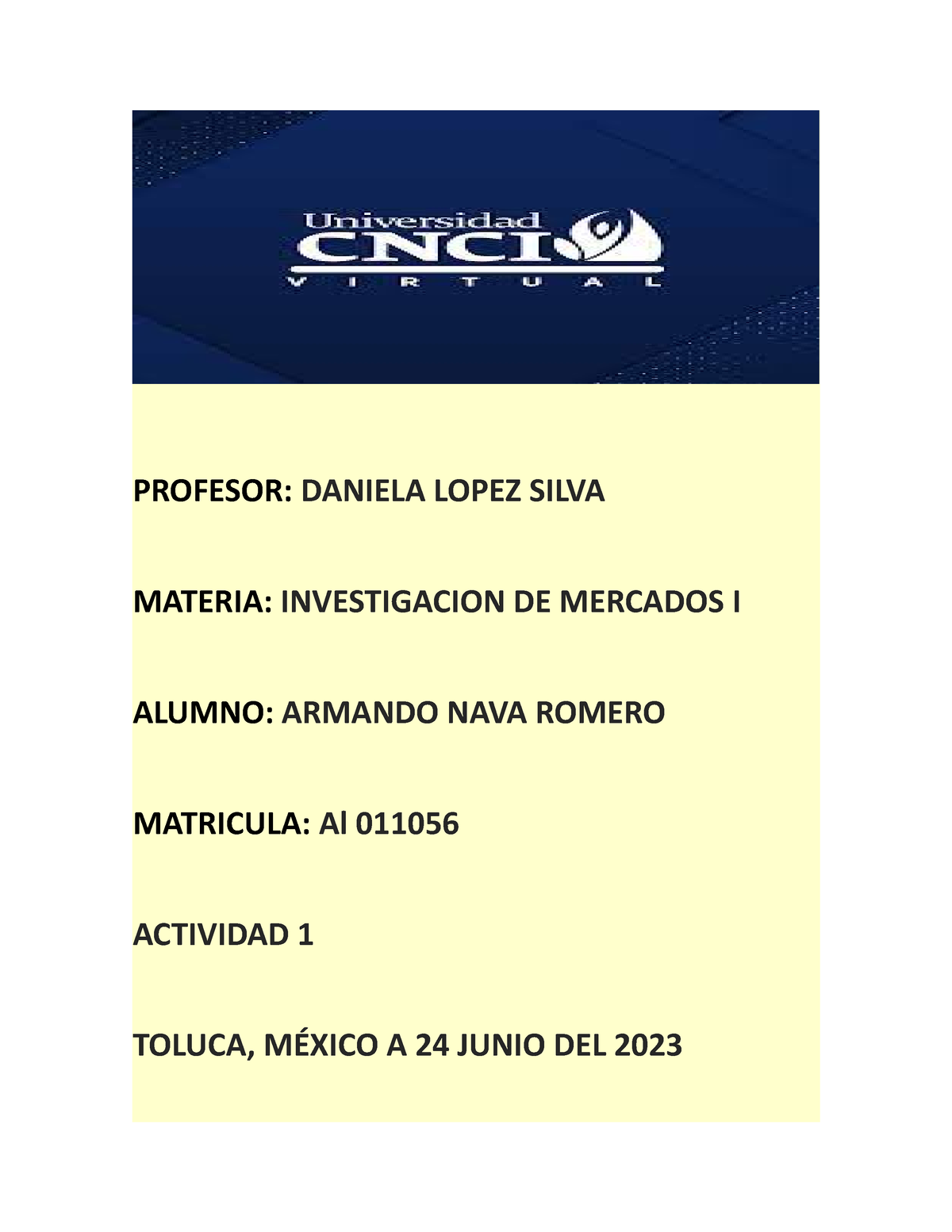 Actividad 1 - INVESTIGACION DE MERCADOS 1 - PROFESOR: DANIELA LOPEZ ...