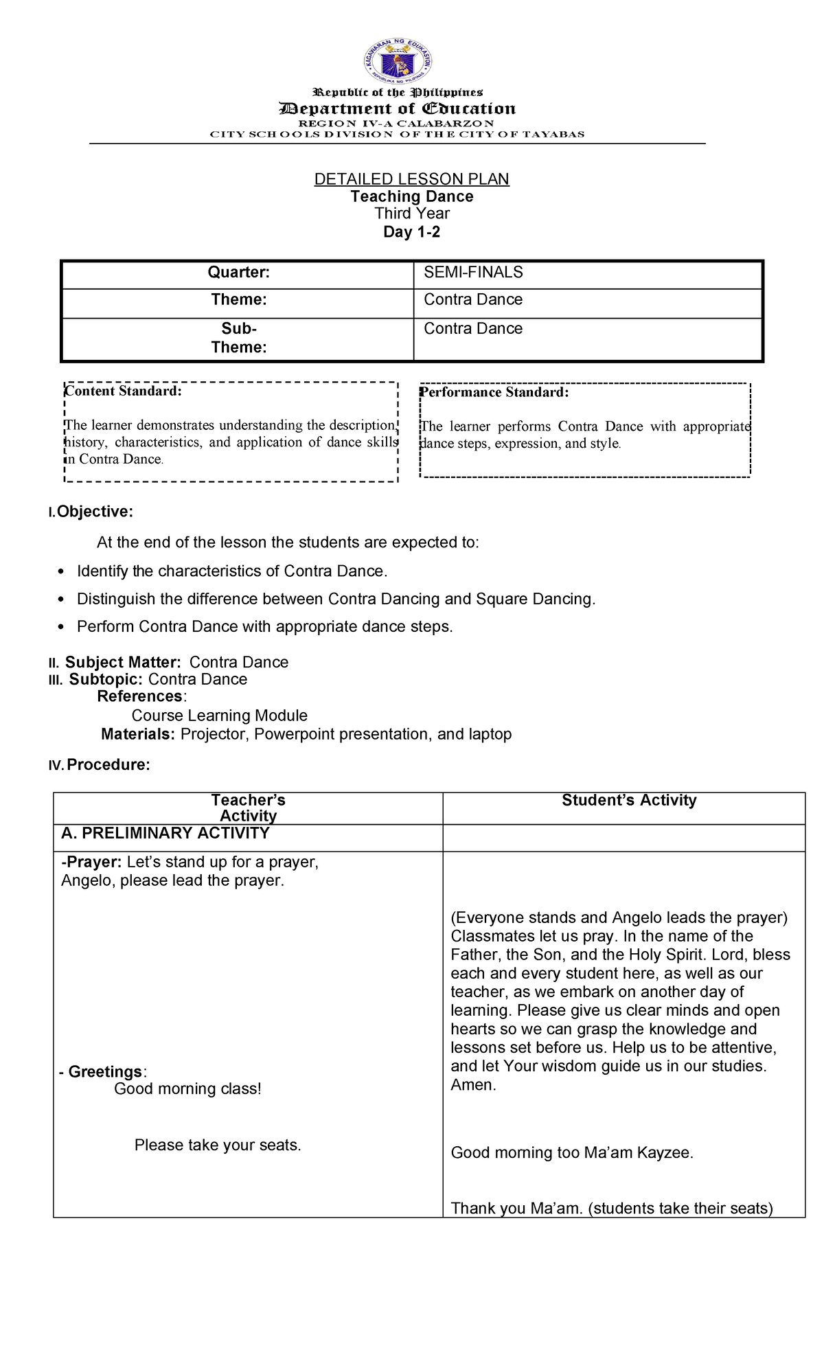 Dance dlp orillosa - sample lesson plan - Content Standard: The learner ...