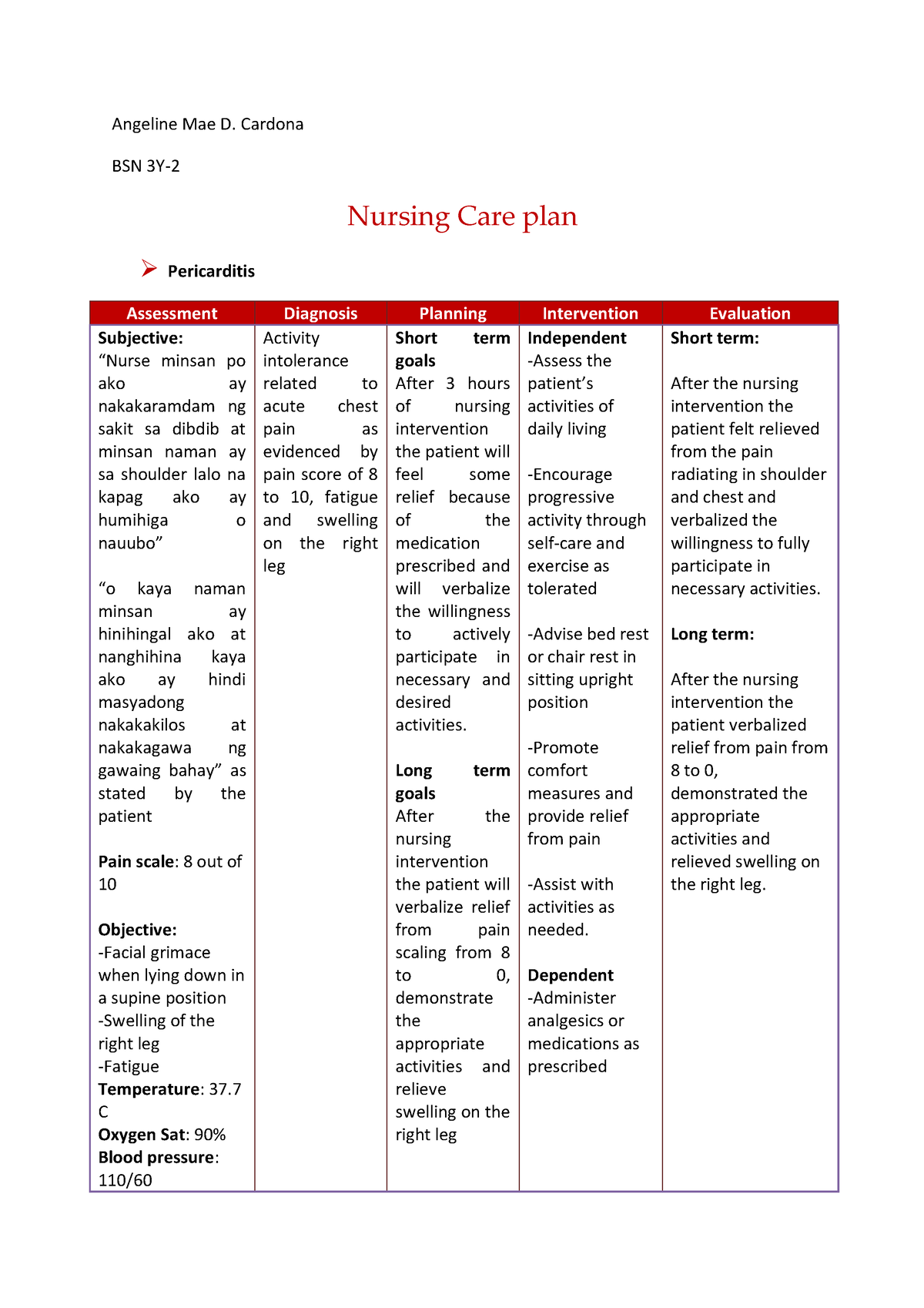 Ncp About Heart Diseases - Angeline Mae D. Cardona Bsn 3y- 2 Nursing 