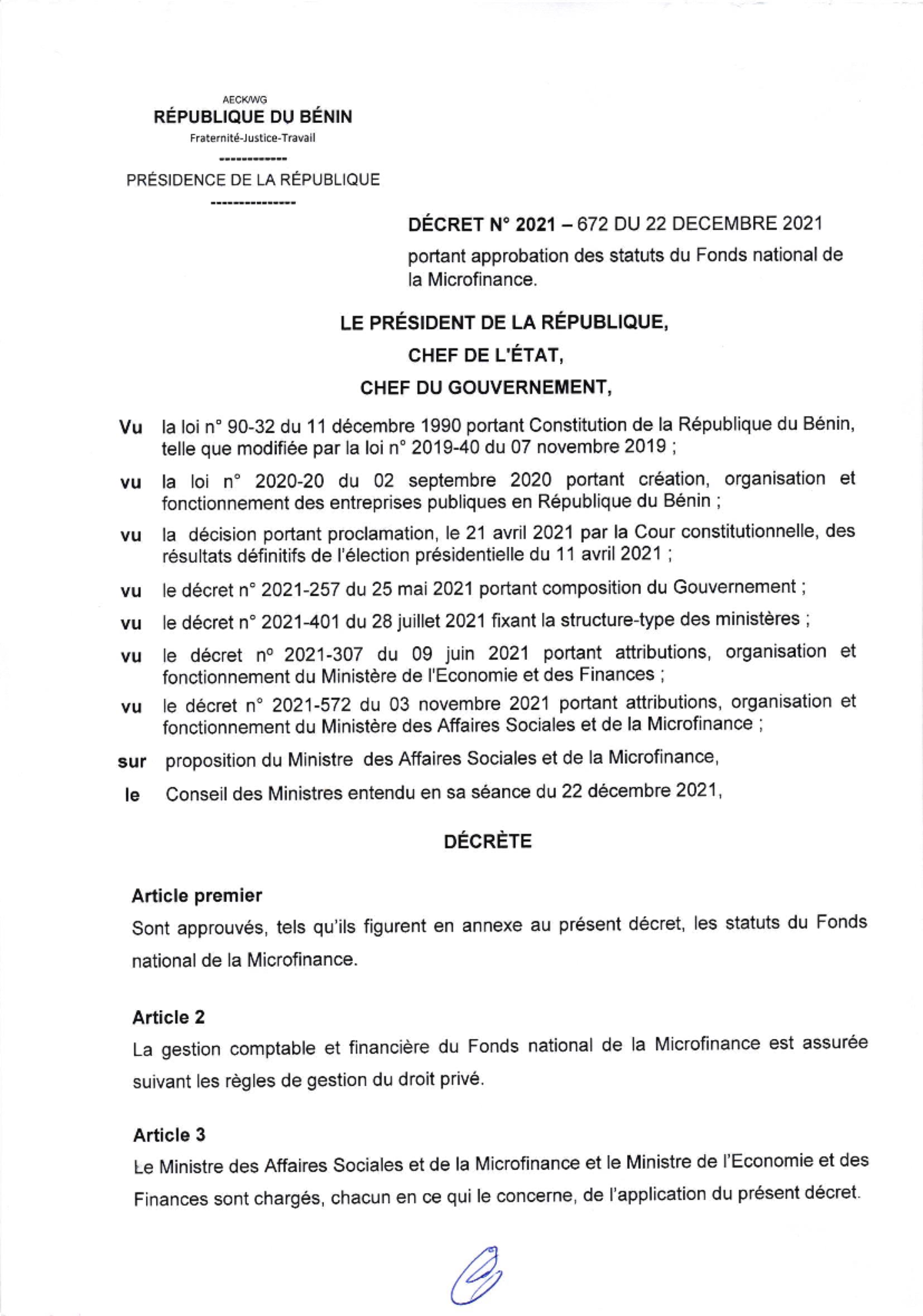 Decret-2021-672 - AECK/WG RÉPUBLIoUE DU BÉNIN FraternitéJustice-Travail ...