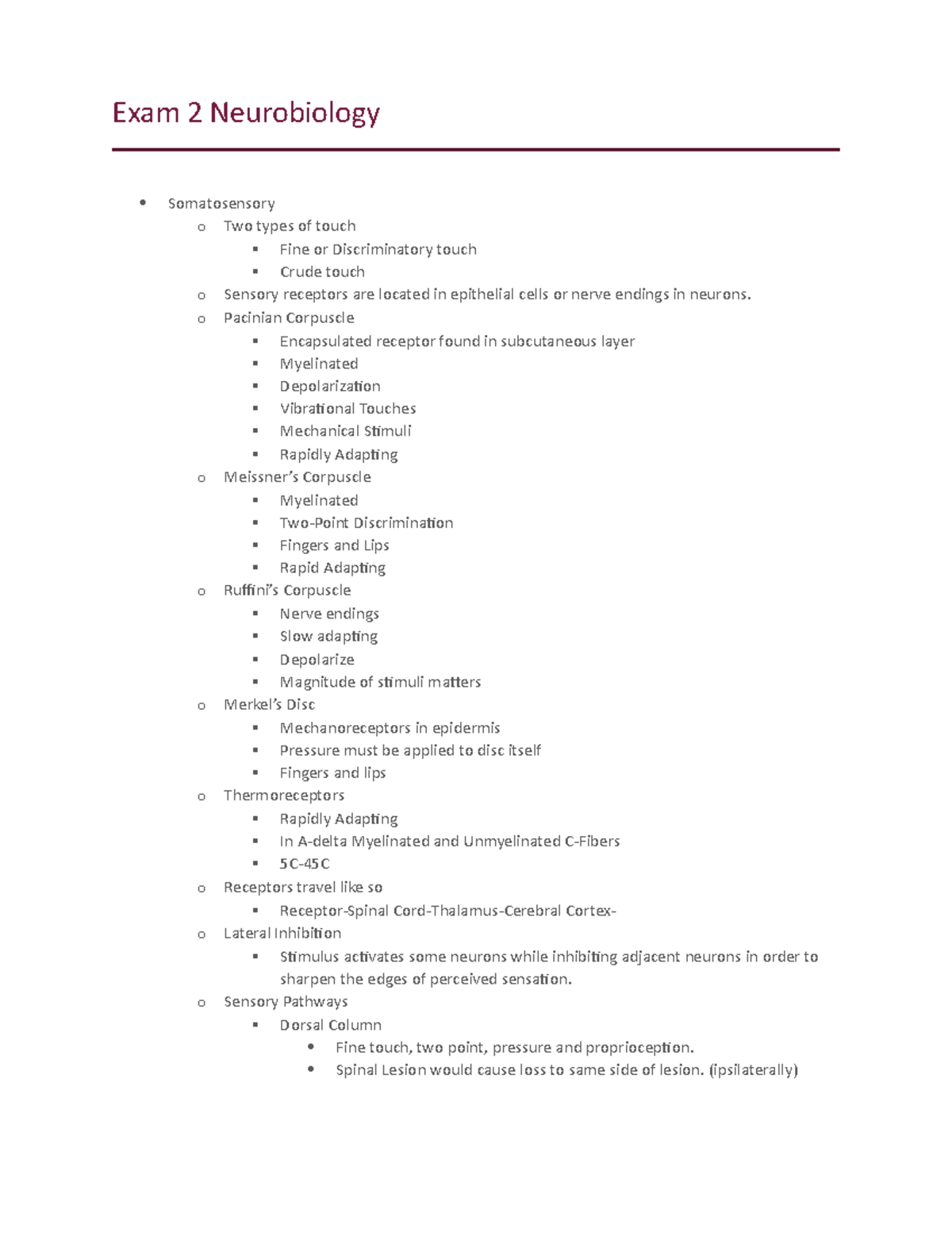 Summarized Exam Two Notes Neuro - Exam 2 Neurobiology Somatosensory O ...