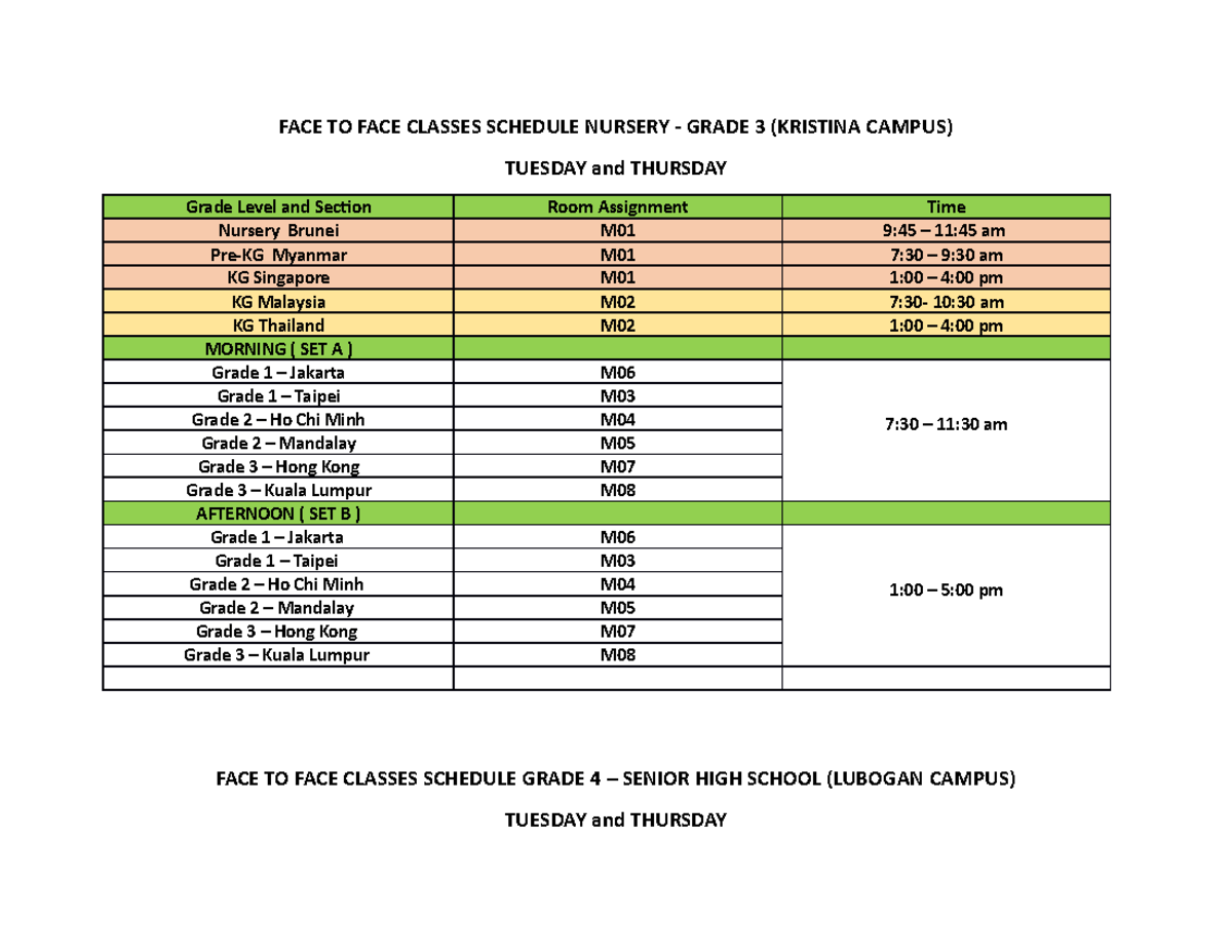 FACE TO FACE Schedule SFS FACE TO FACE CLASSES SCHEDULE NURSERY