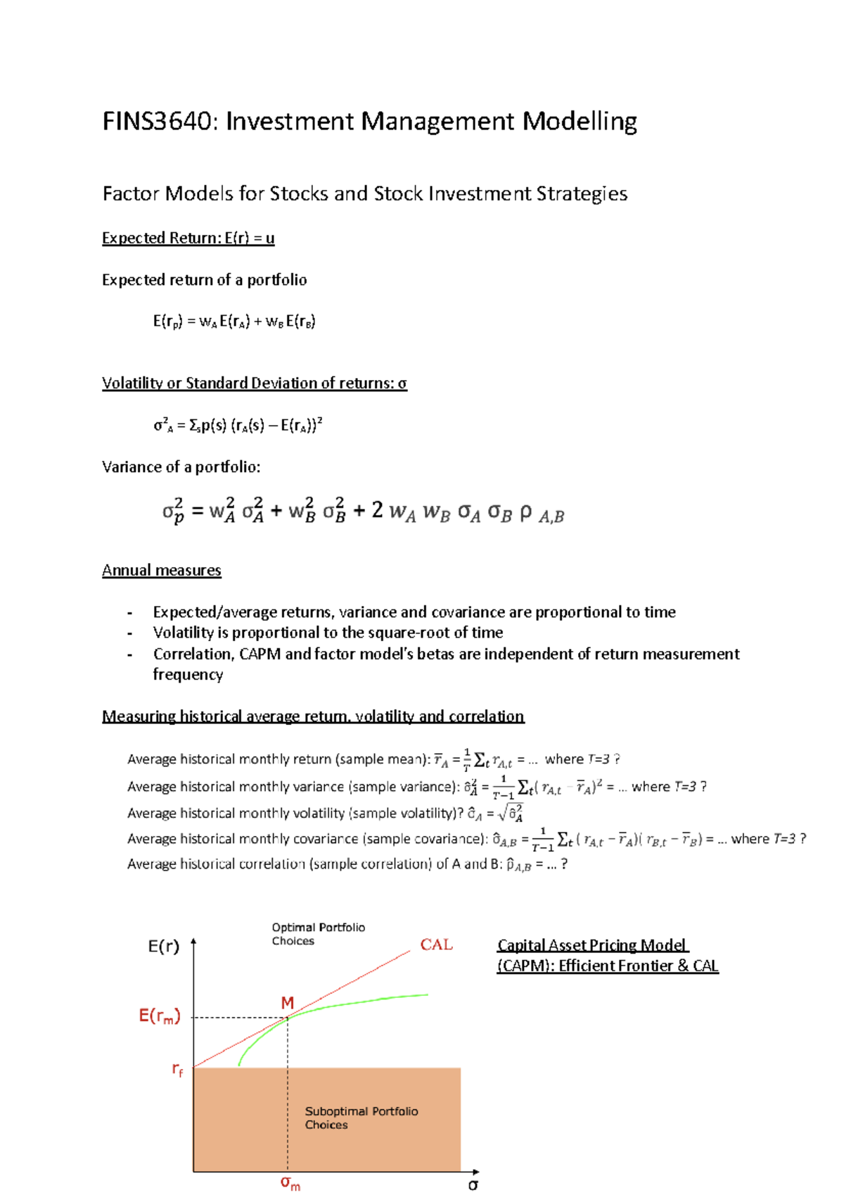 FINS3640 Lecture Notes - FINS3640: Investment Management Modelling ...