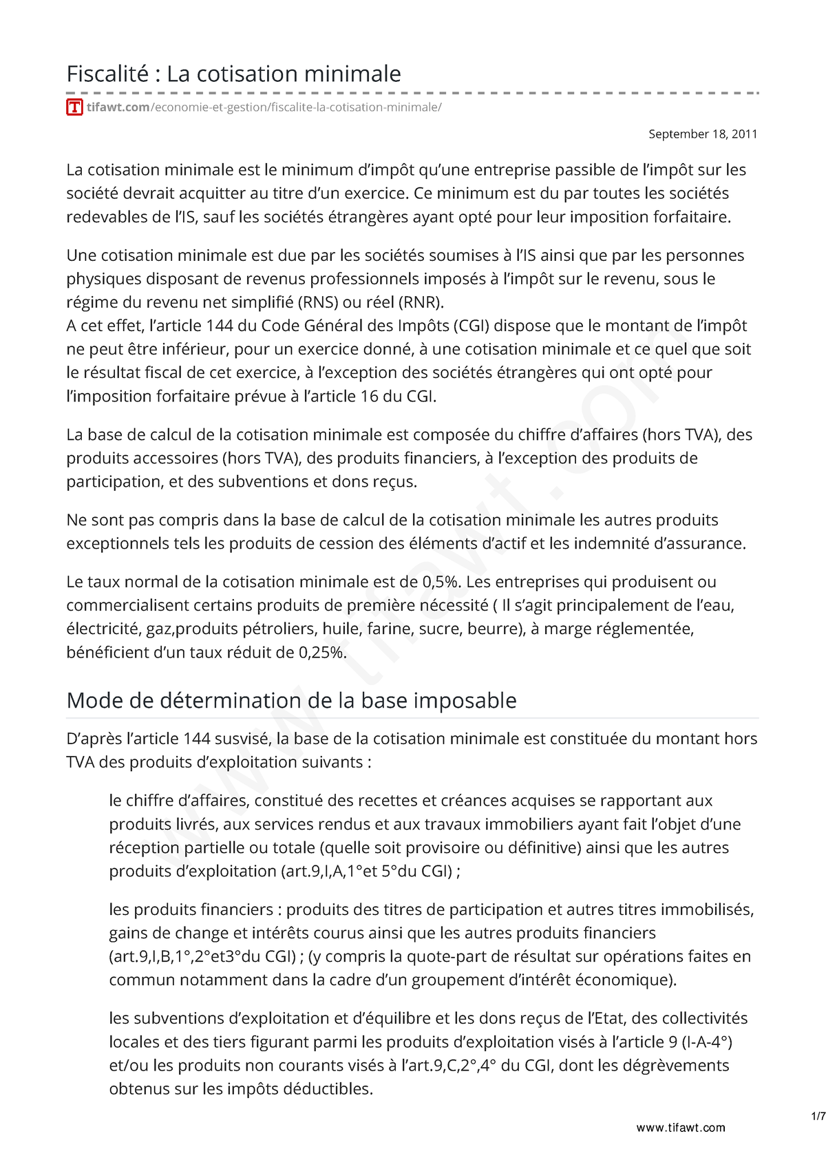 Tifawt - September 18, 2011 Fiscalité : La Cotisation Minimale - Studocu