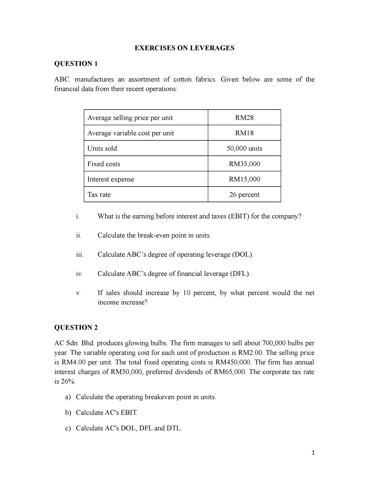 Topic 7 Exercises On Leverage - EXERCISES ON LEVERAGES QUESTION 1 ABC ...