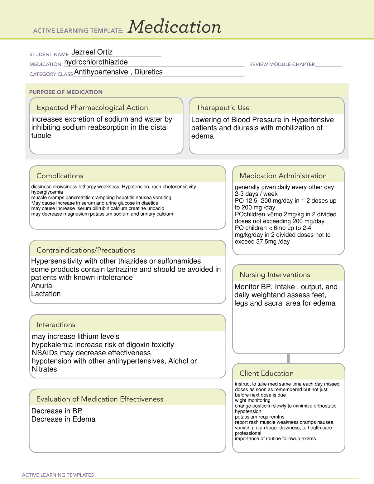 Hydrochlorothiazide - ATI medication template - ACTIVE LEARNING ...