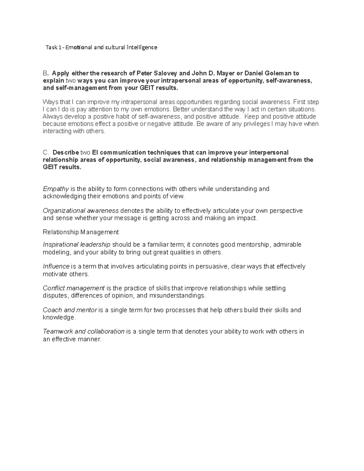 Task -1 - pre assessment - Task 1- Emotional and cultural intelligence ...