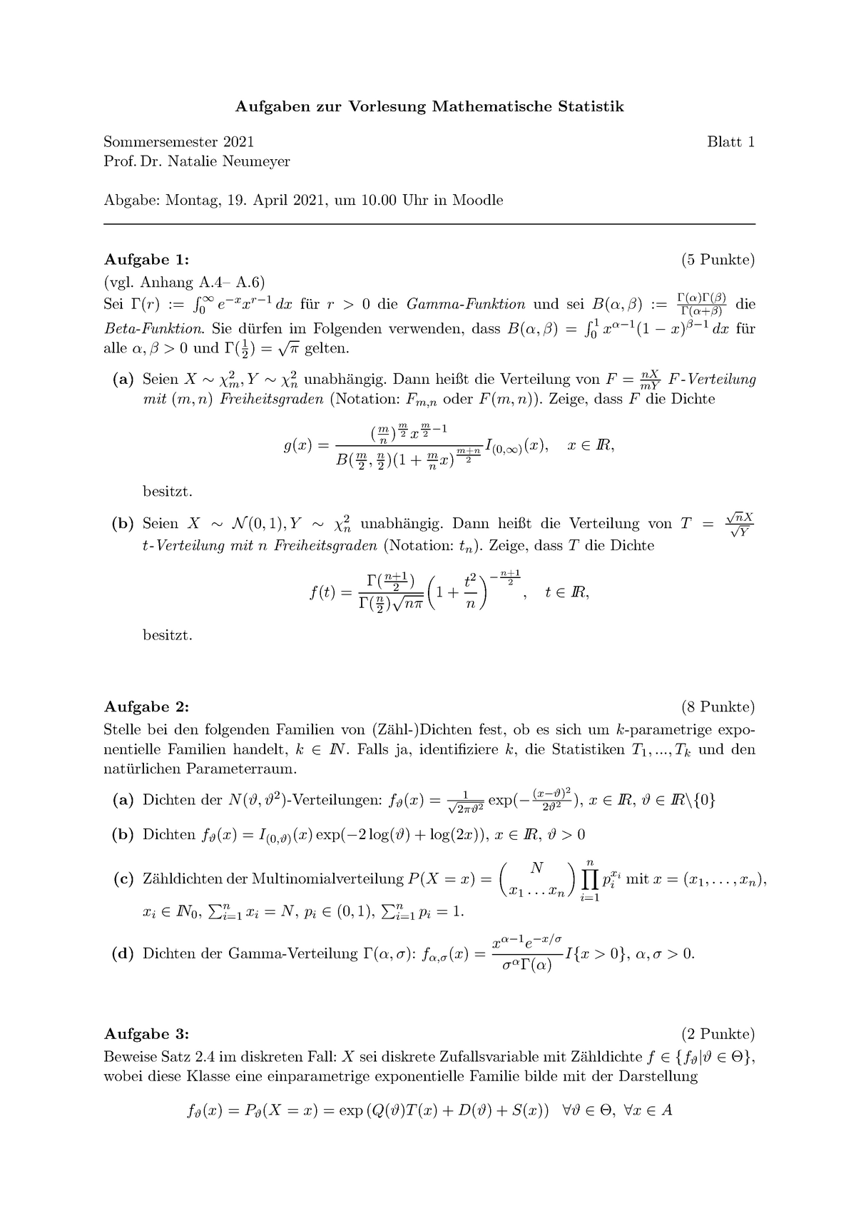 Übungsblatt 1 - Prof Neumeyer - Aufgaben Zur Vorlesung Mathematische ...