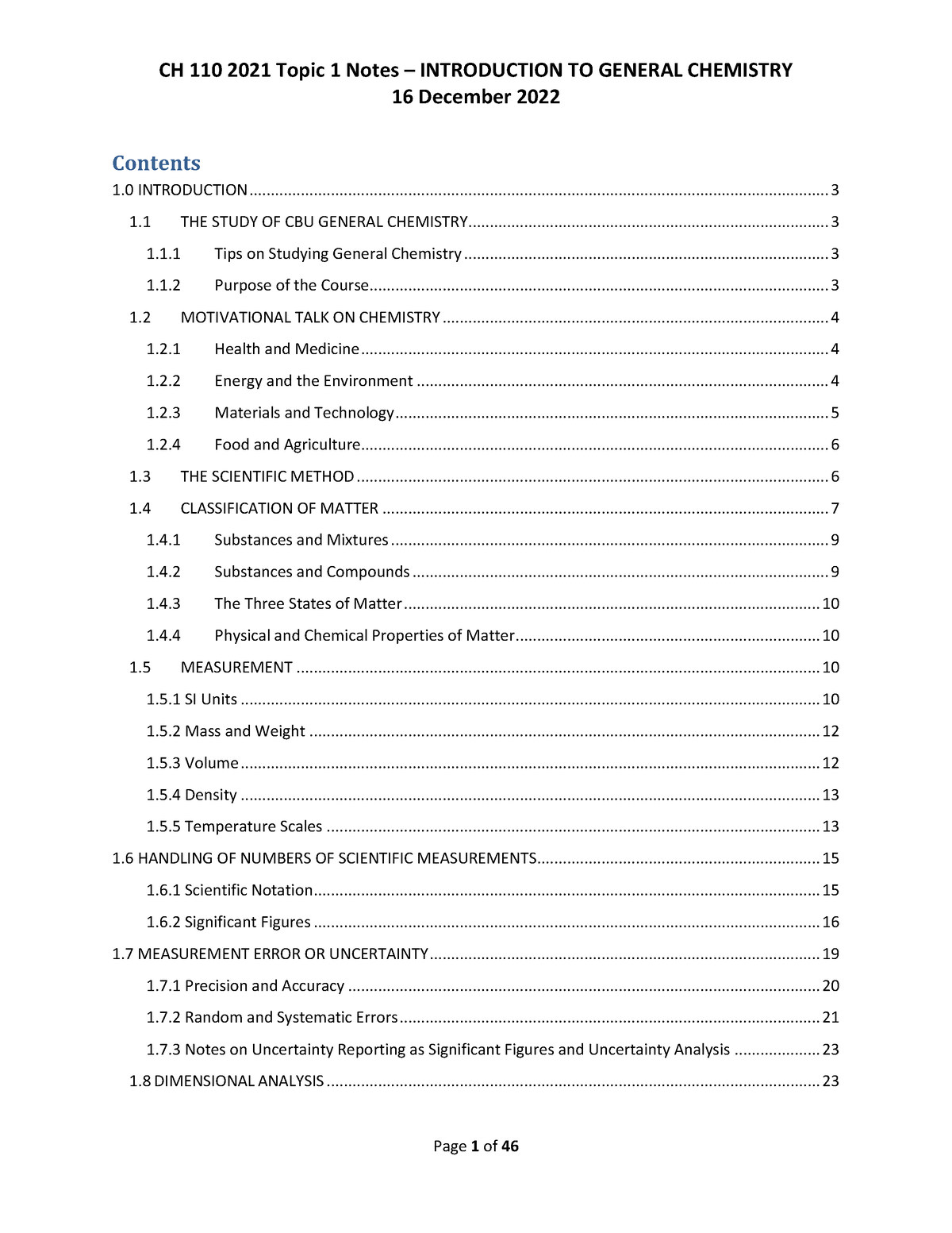 CH110 Chapter 1 Notes - Contents - 16 December 1 INTRODUCTION 1 THE ...