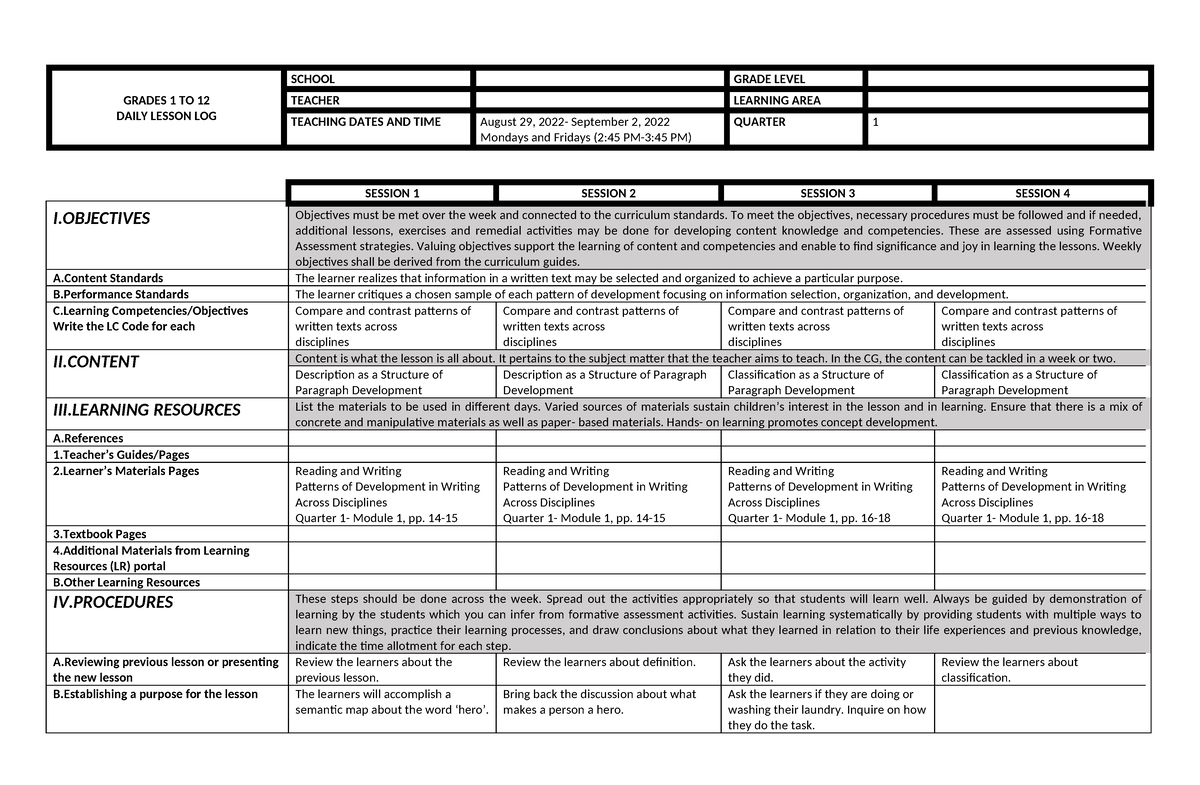 RW Q1 W2 - Daily Lesson Log - GRADES 1 TO 12 DAILY LESSON LOG SCHOOL ...