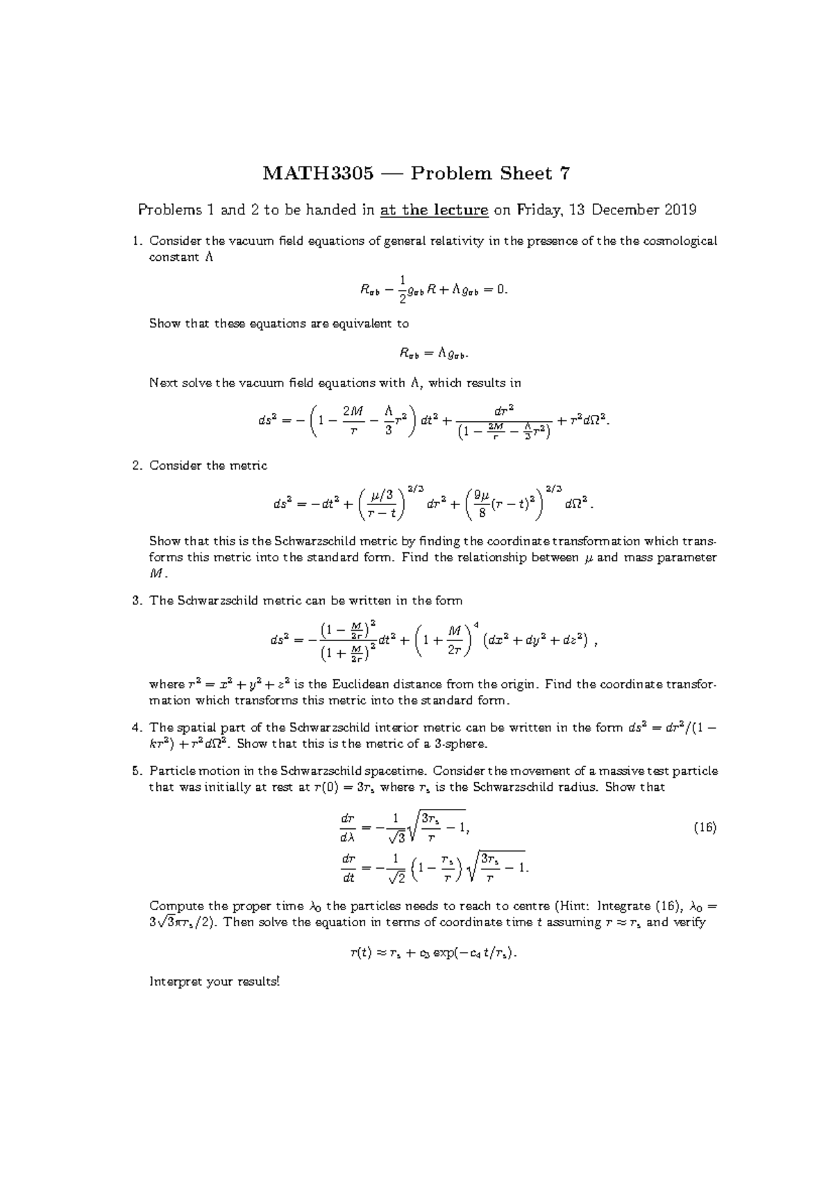 GR sheets 2019 7 - Practice materials - MATH3305 — Problem Sheet 7 ...