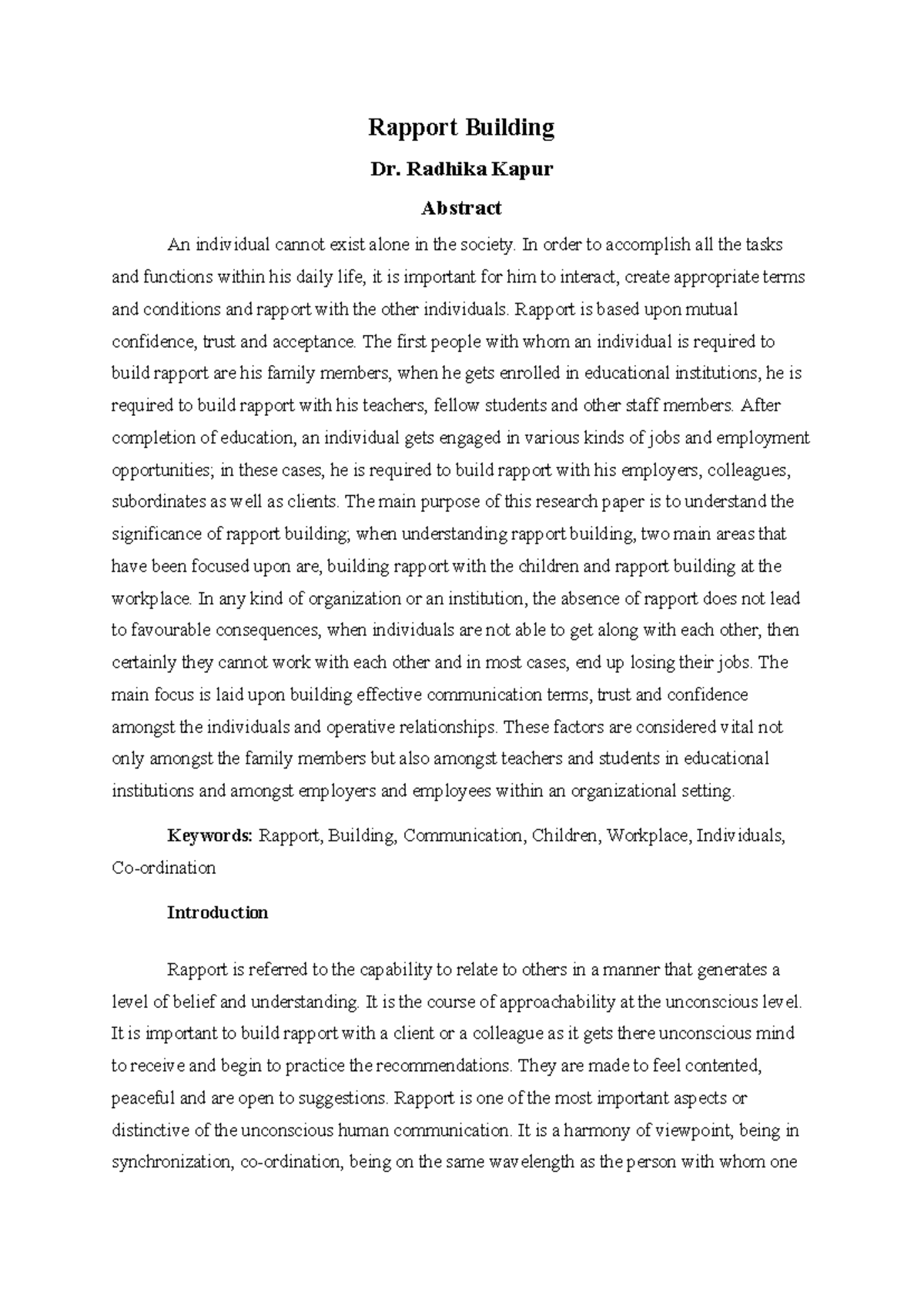 Rapport Building - Cjjjjdf - Rapport Building Dr. Radhika Kapur ...