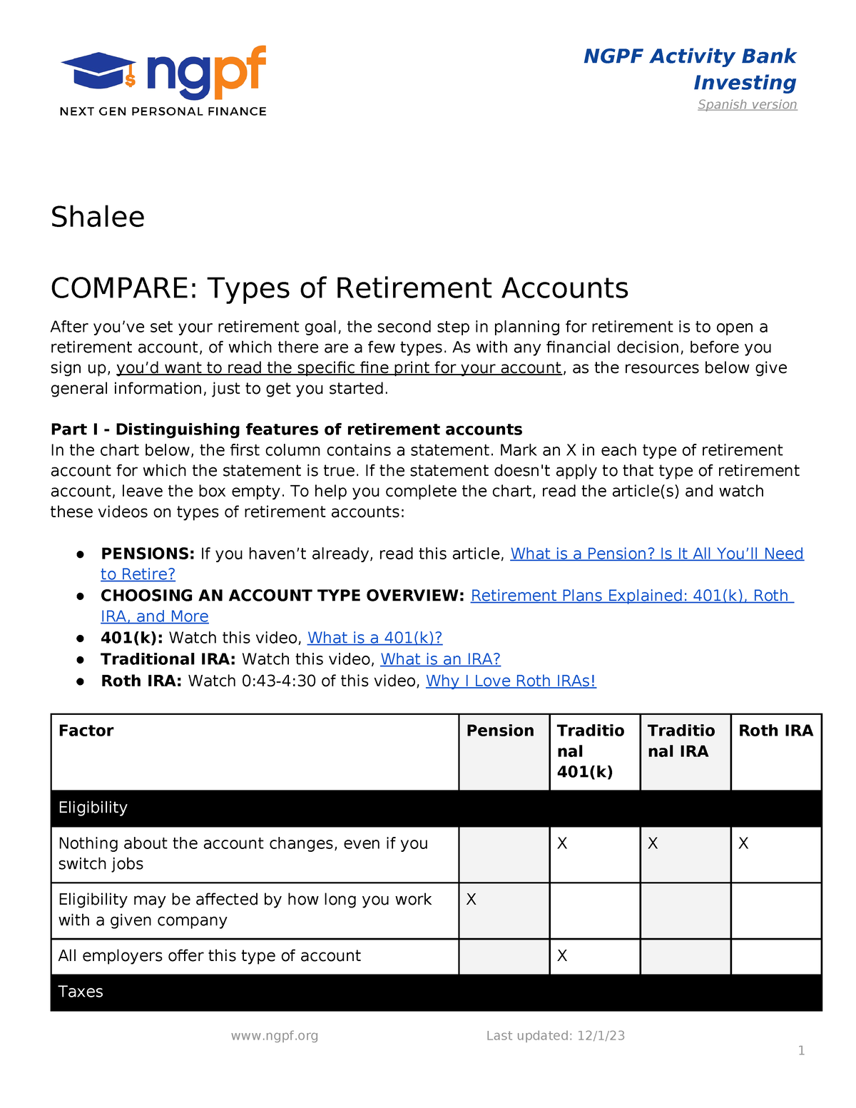 Compare Types of Retirement Accounts - NGPF Activity Bank Investing ...