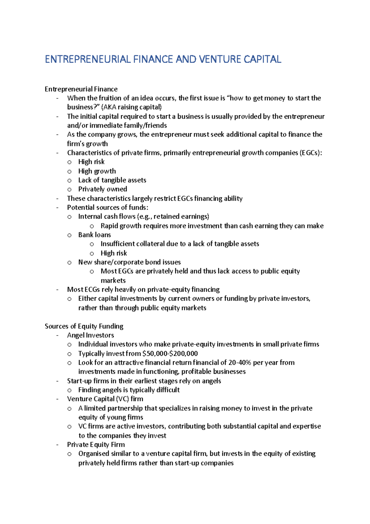 Final Exam Notes: Lecture Summary - ENTREPRENEURIAL FINANCE AND VENTURE ...