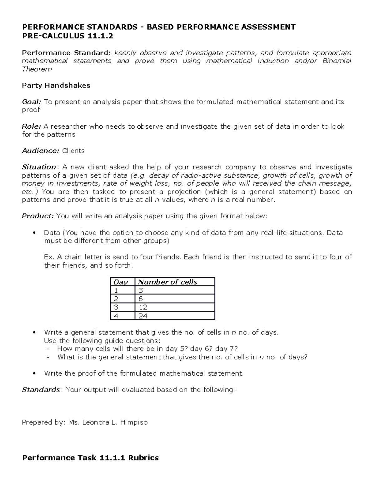 PreCalculus 11 PETA PERFORMANCE STANDARDS BASED PERFORMANCE