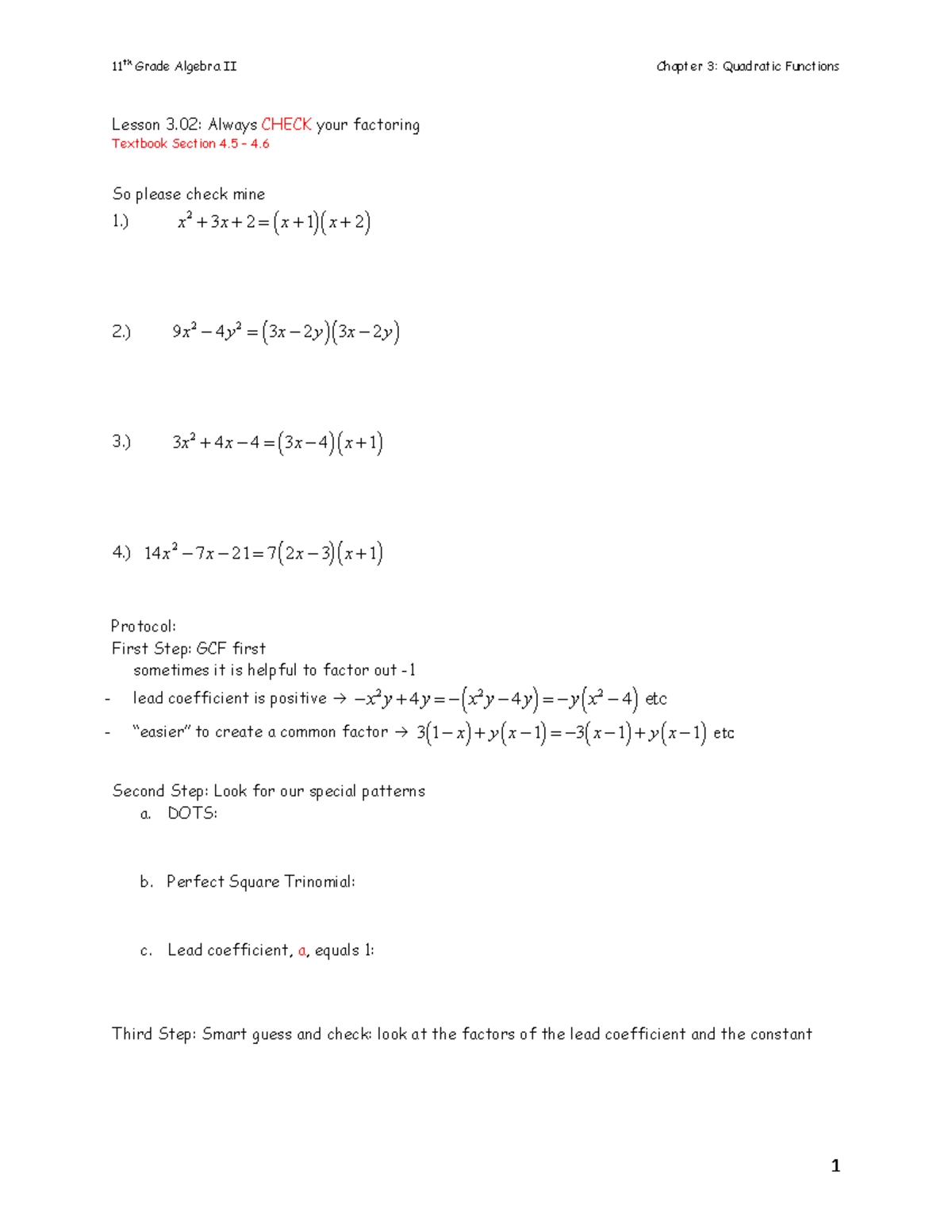 Alg2 11th Lesson 3 02 Factoring Review - Lesson 3 .02: Always CHECK ...