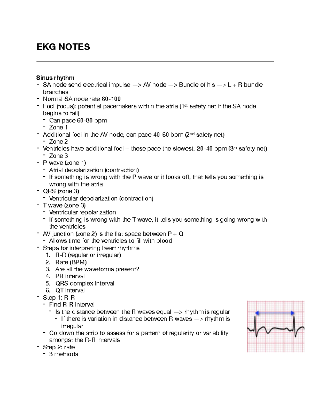 EKG notes (med-surg I) - EKG - EKG NOTES Sinus rhythm - SA node send ...
