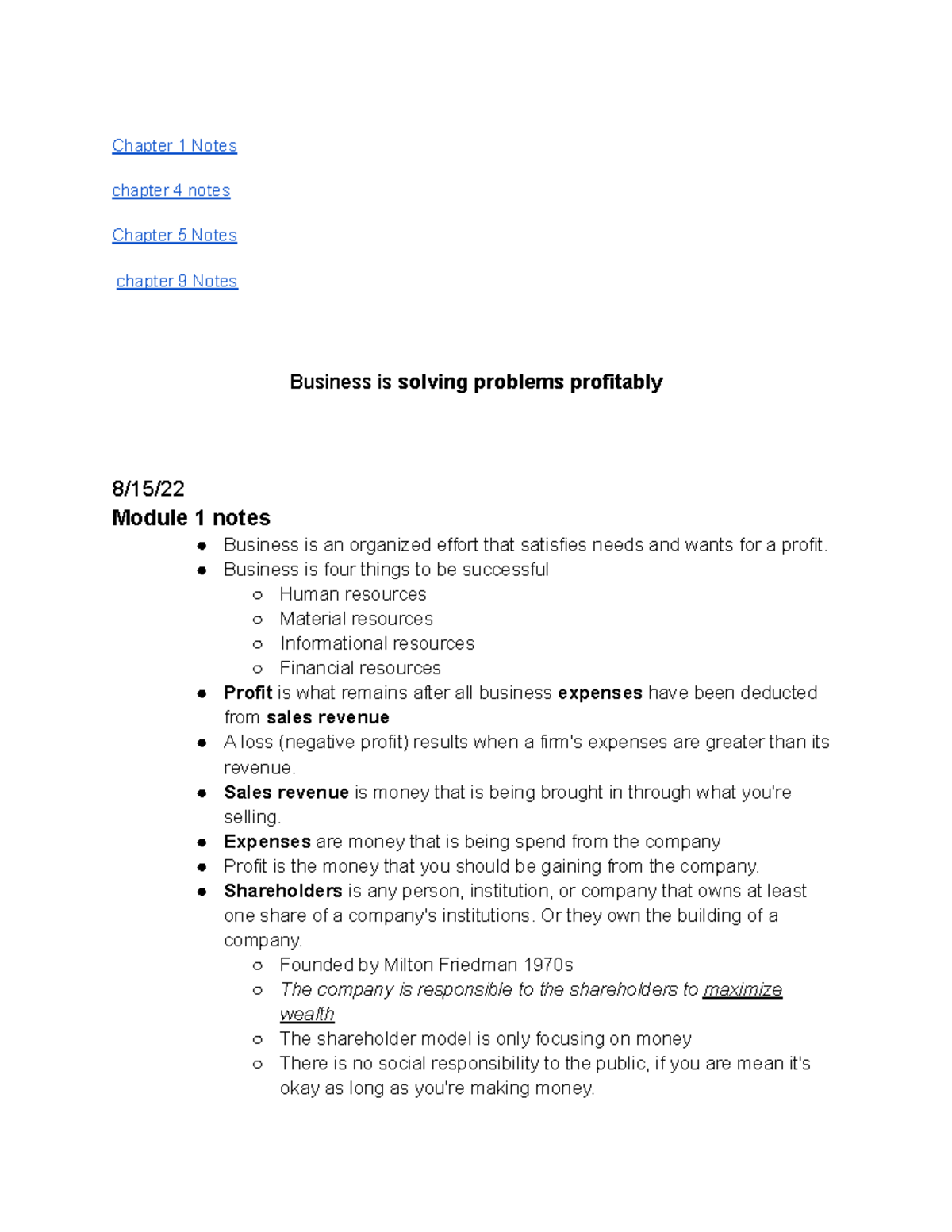 Introduction To Business - Chapter 1 Notes chapter 4 notes Chapter 5 ...