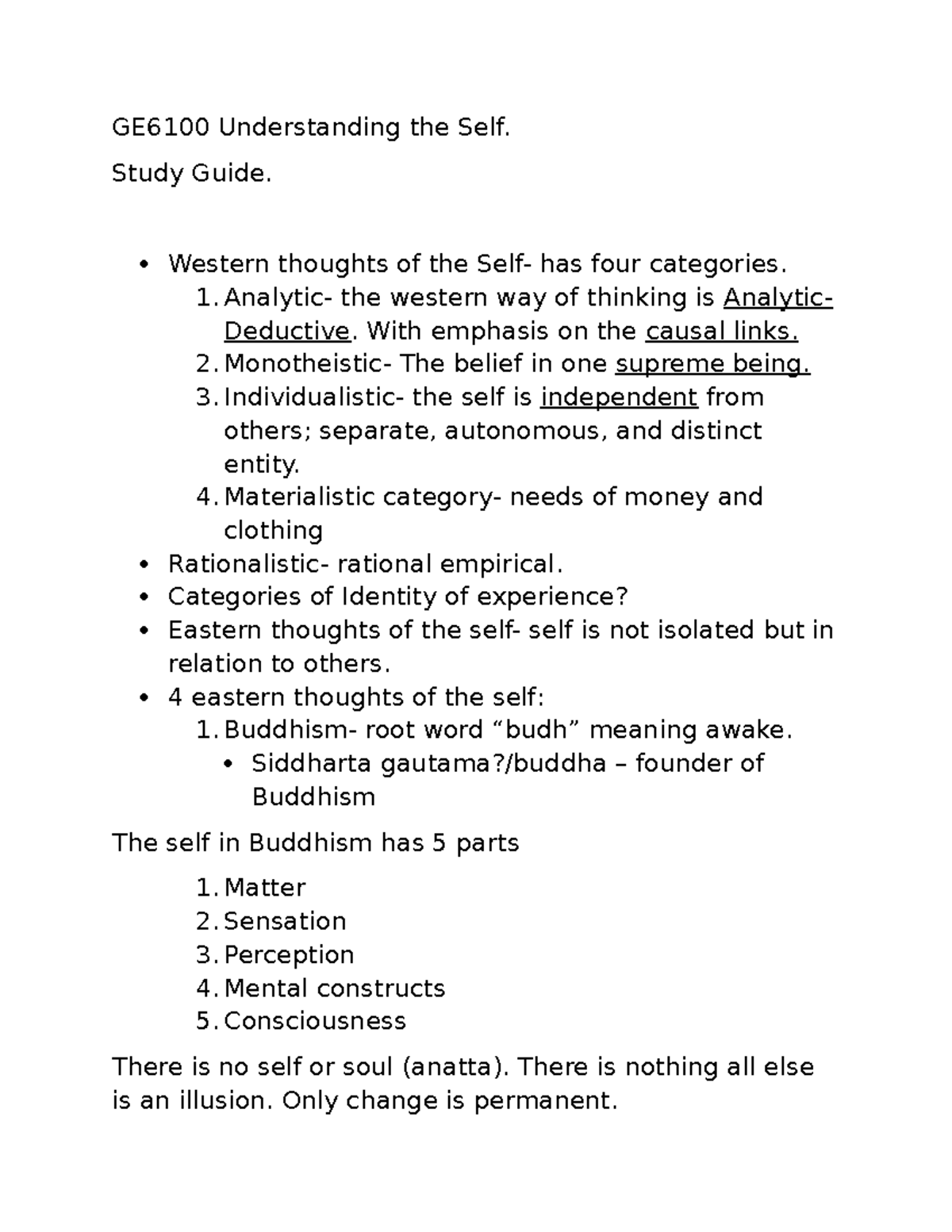 UTS Quiz Study Guide - GE6100 Understanding the Self. Study Guide ...