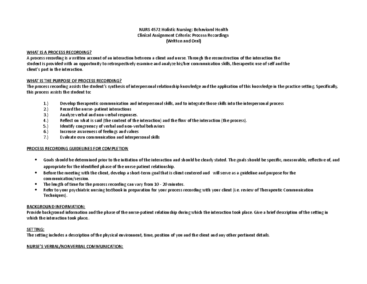 Process Recording - NURS 4572 Holistic Nursing: Behavioral Health ...