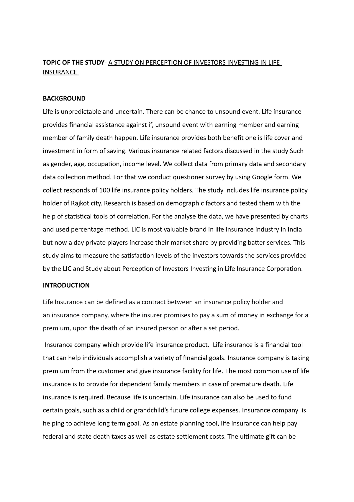 a-study-on-perception-of-investors-investing-in-life-insurance-topic-of-the-study-a-study-on