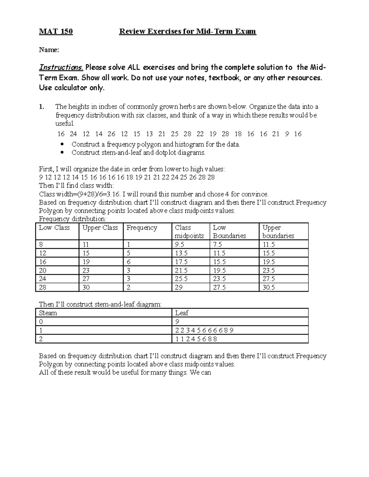 MAT 150 Review Exercises for Mid Term Exam MAT 150 Review Exercises for MidTerm Exam Name