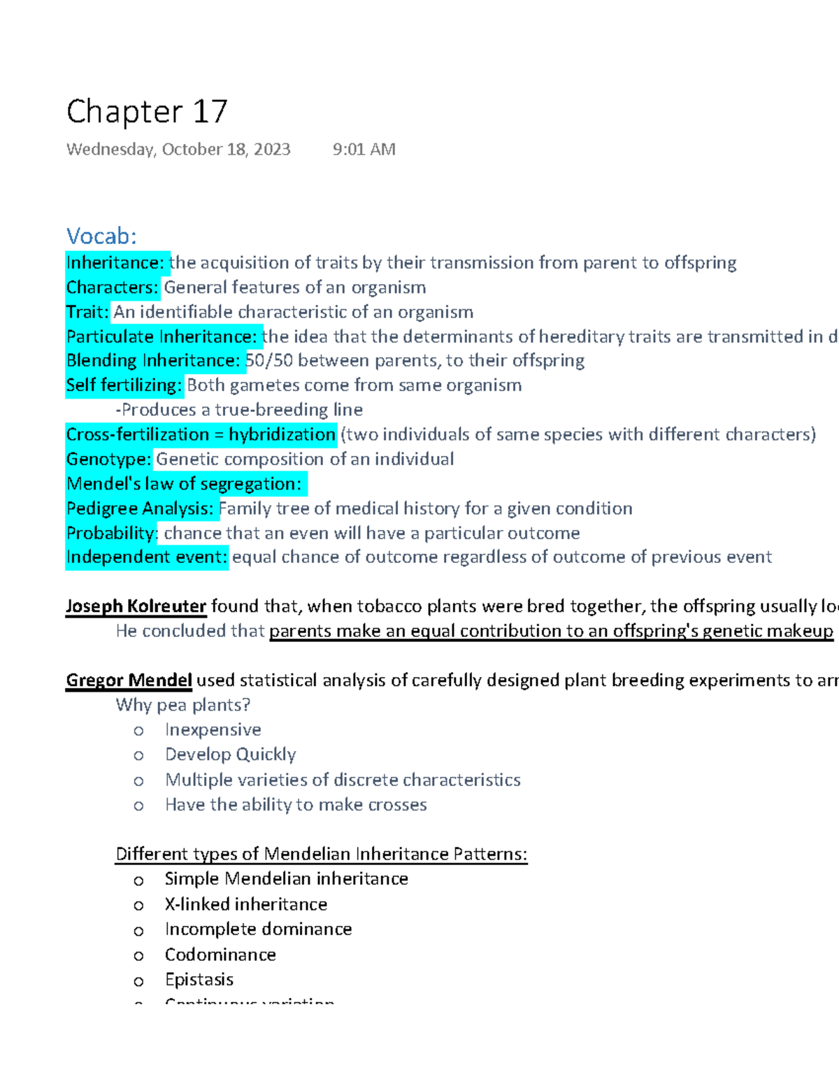 Chapter 17 - Vocab: Inheritance: the acquisition of traits by their ...