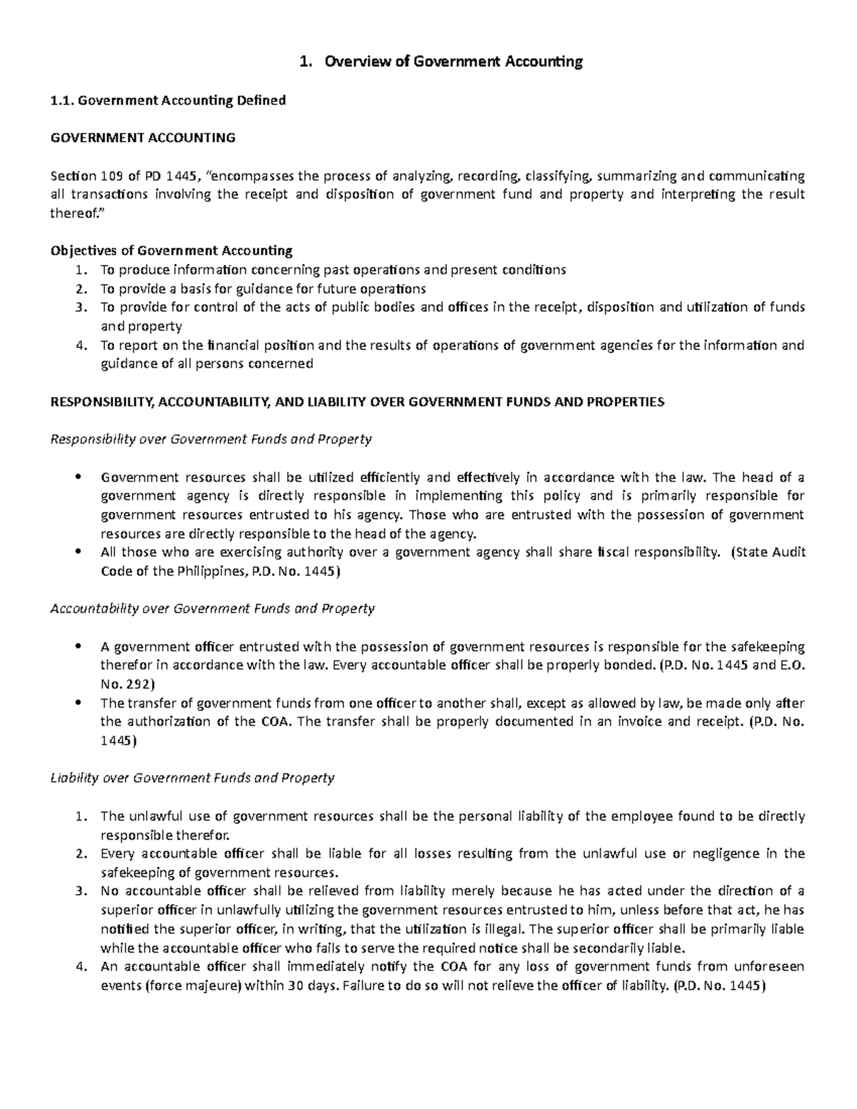 1. Overview of Government Accounting 1. Overview of Government