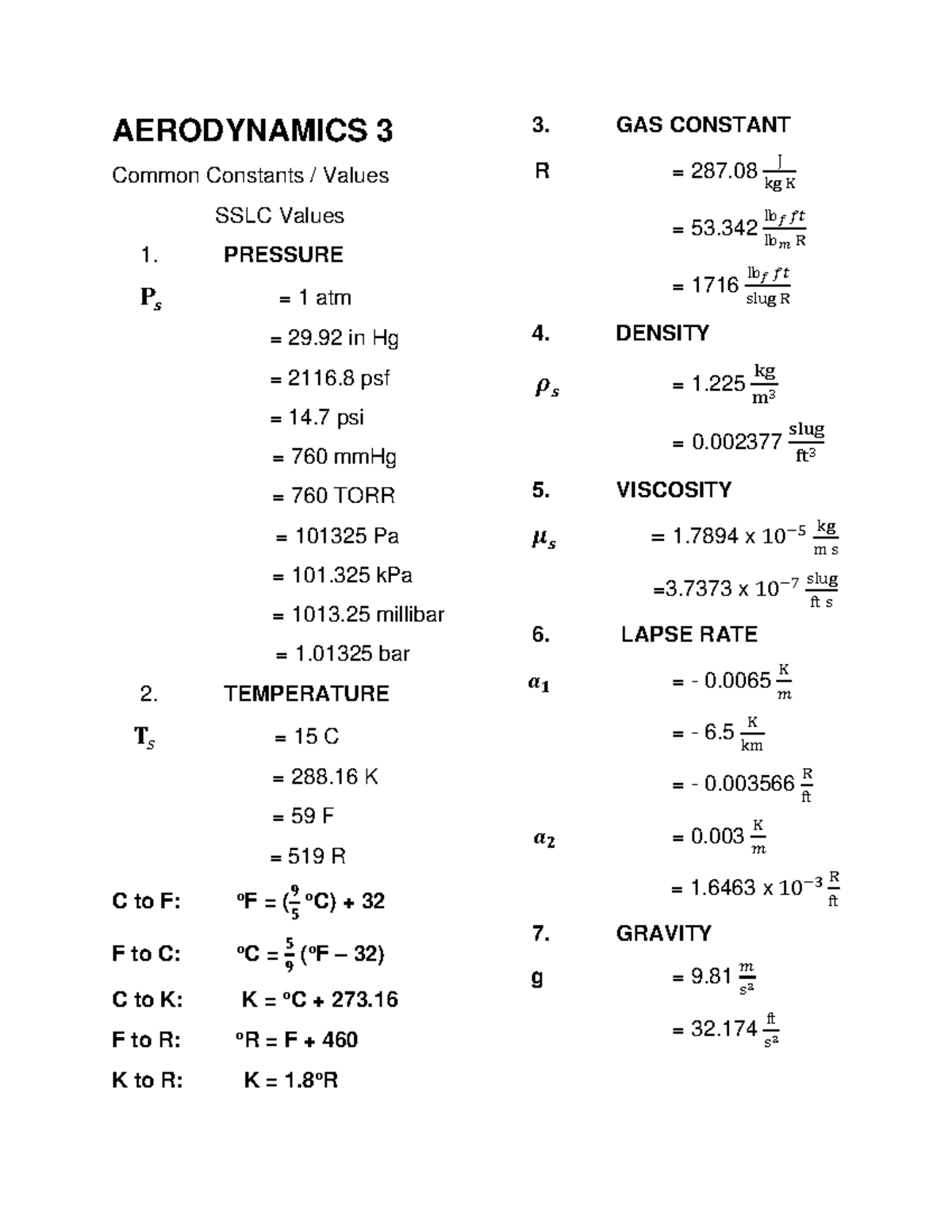 Aerodynamics 3 Prelim Formulas - AERODYNAMICS 3 Common Constants ...