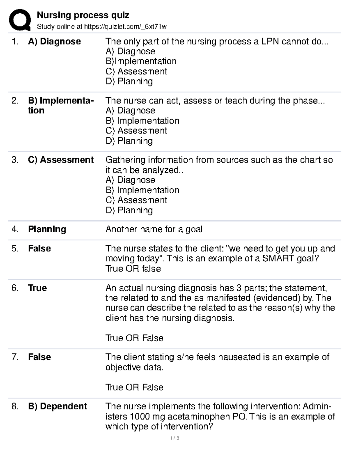 PRAC 1 - Fundamentals In Nursing Practice - Nursing Process Quiz Study ...