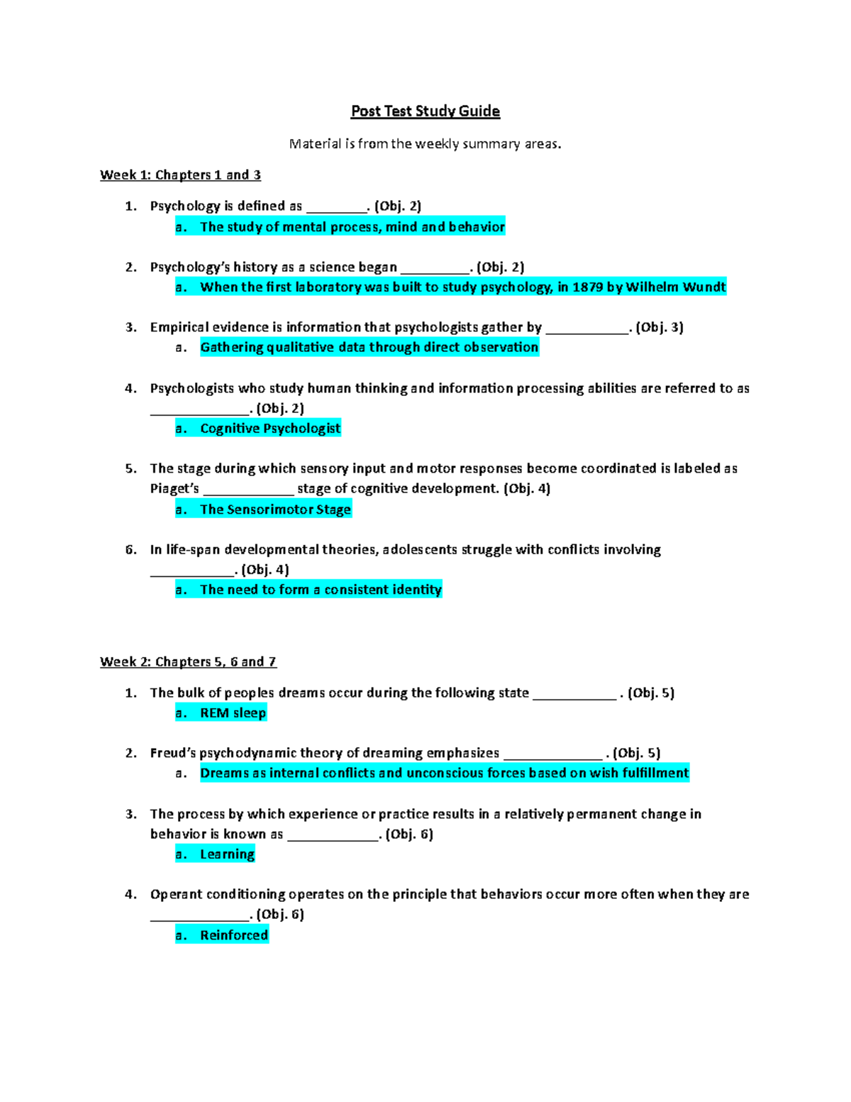 Post Test Study Guide - Post Test Study Guide Material is from the ...