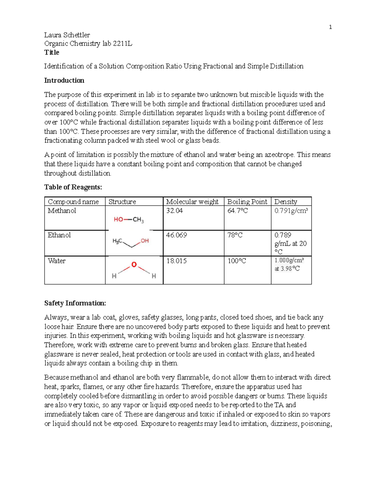 Ochem Lab 2 ID Of Solution With Distillation - Laura Schettler Organic ...