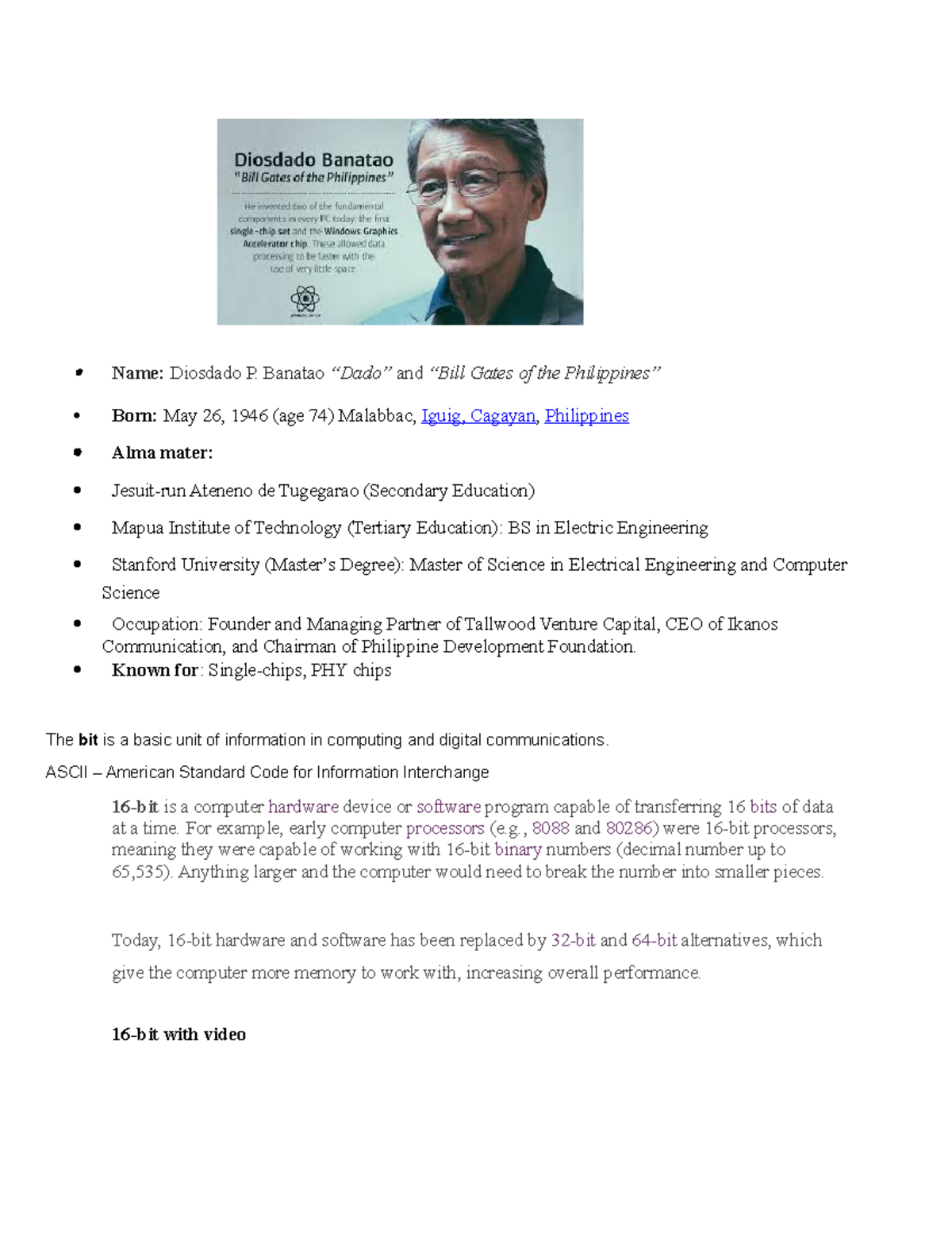 8 - Lecture notes 1 - Name: Diosdado P. Banatao “Dado” and “Bill Gates ...