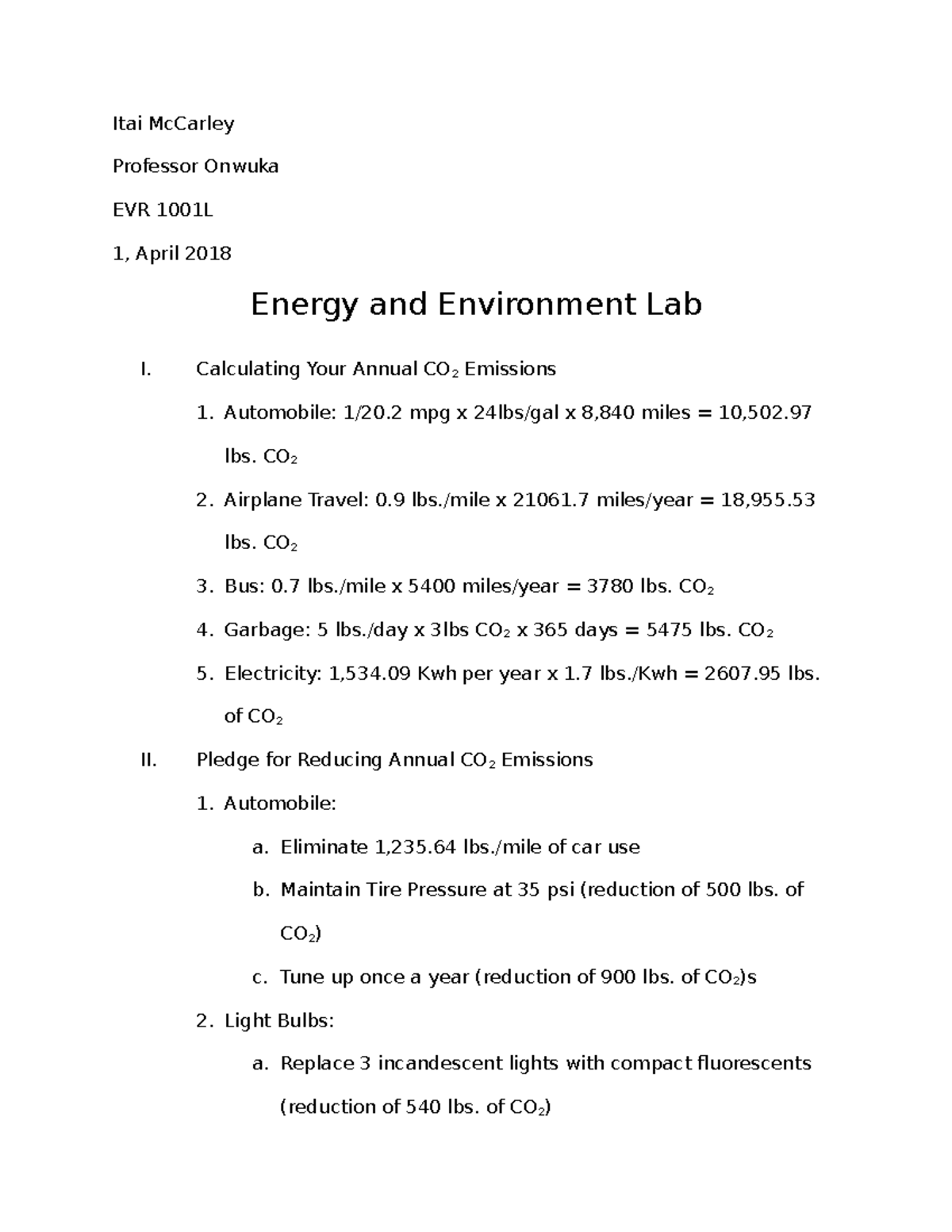 Energy and Environment Lab Itai McCarley Professor Onwuka EVR 1001L 1