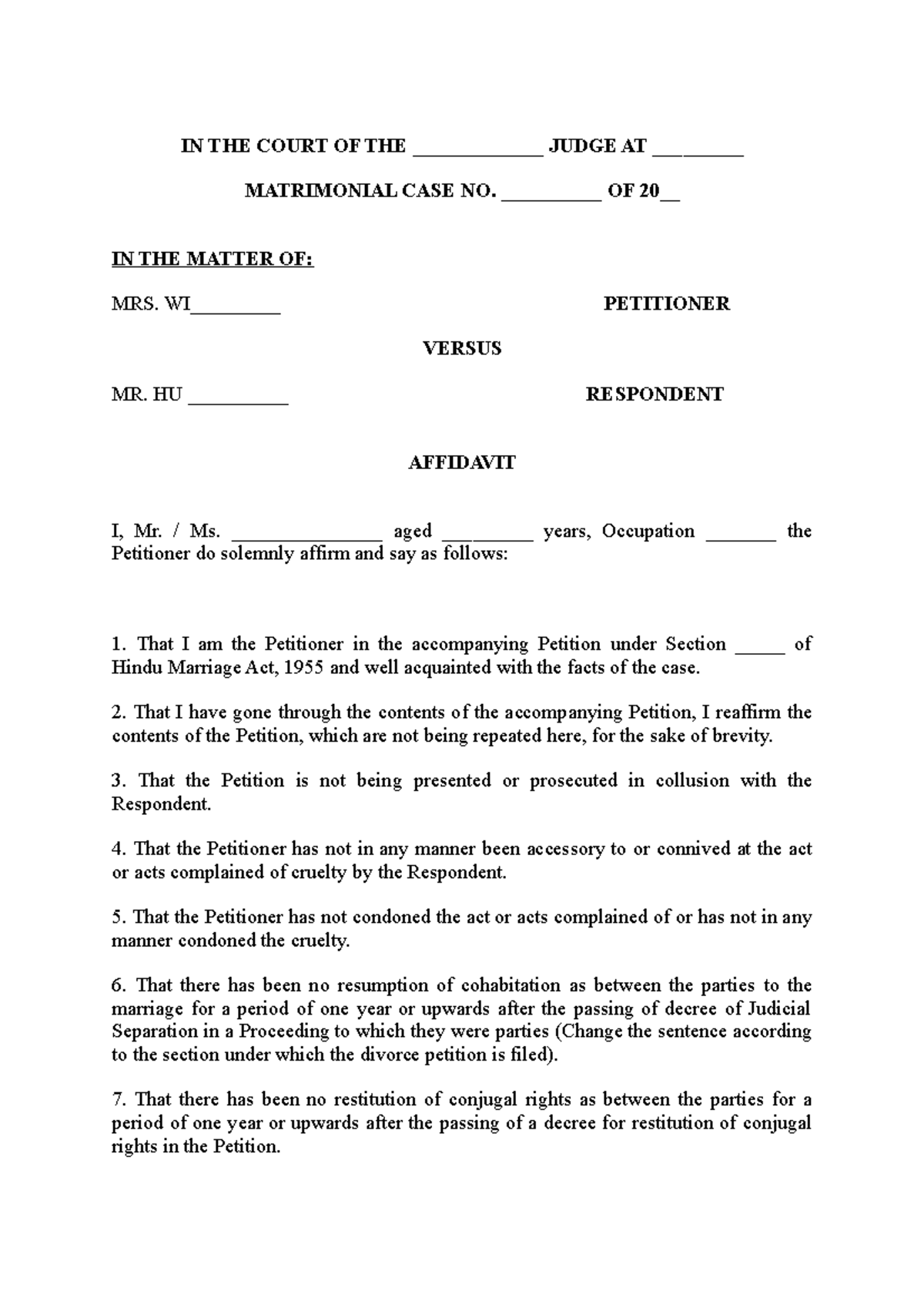 Affidavit To Be Filed With Divorce Petition Under Section 13(1) Of ...